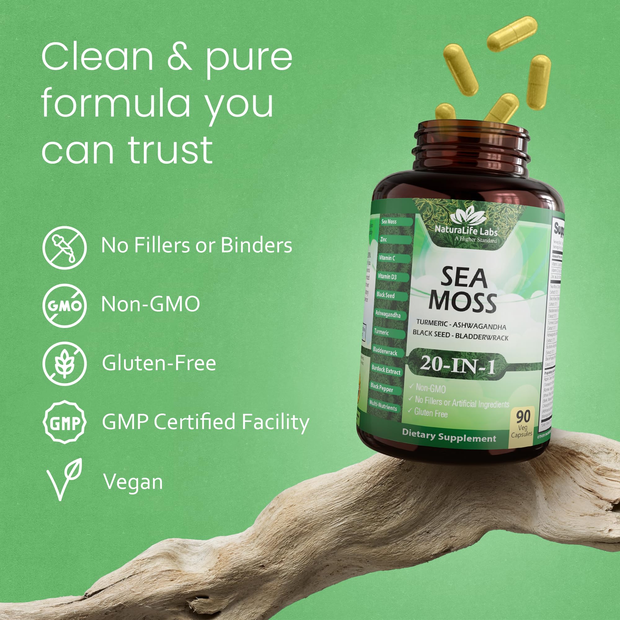 Sea Moss, Black Seed Oil, Bladderwrack, Turmeric, Ashwagandha, Burdock, Vitamin C, D3, Yellow Dock Root, Manuka, Dandelion - 90 Veggie caps NaturaLife Labs Au supplements