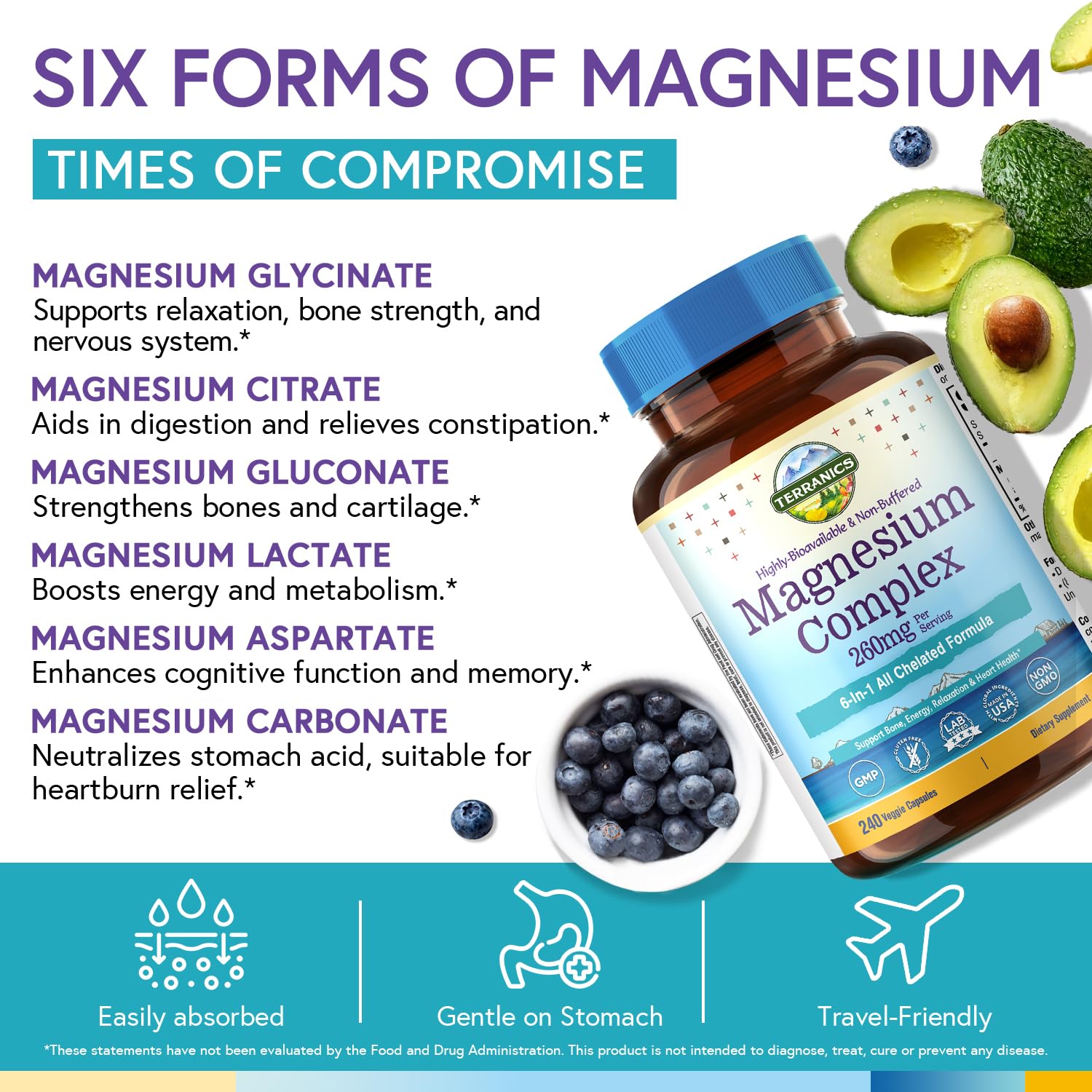 Terranics Magnesium Complex, 6-in-1, High Absorption, Glycinate, Citrate, Aspartate, Gluconate, Calmness, Heart, Bone, 240 Capsules, Non-Buffered Terranics Au supplements