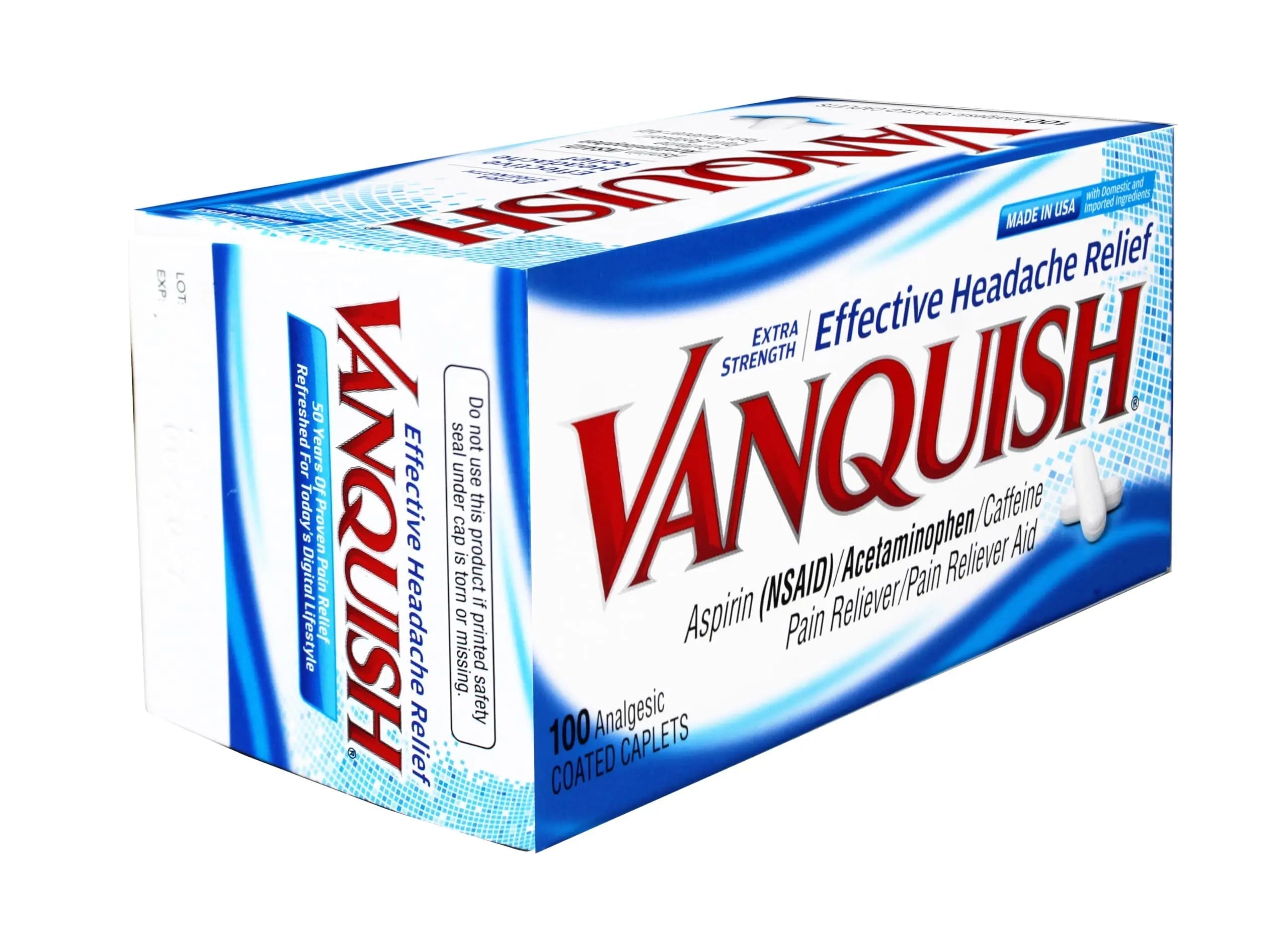 Vanquish Effective Headache Relief – Aspirin (NSAID), Acetaminophen, Caffeine, 100 Analgesic Coated Caplets - 3 Pack Vanquish Au supplements