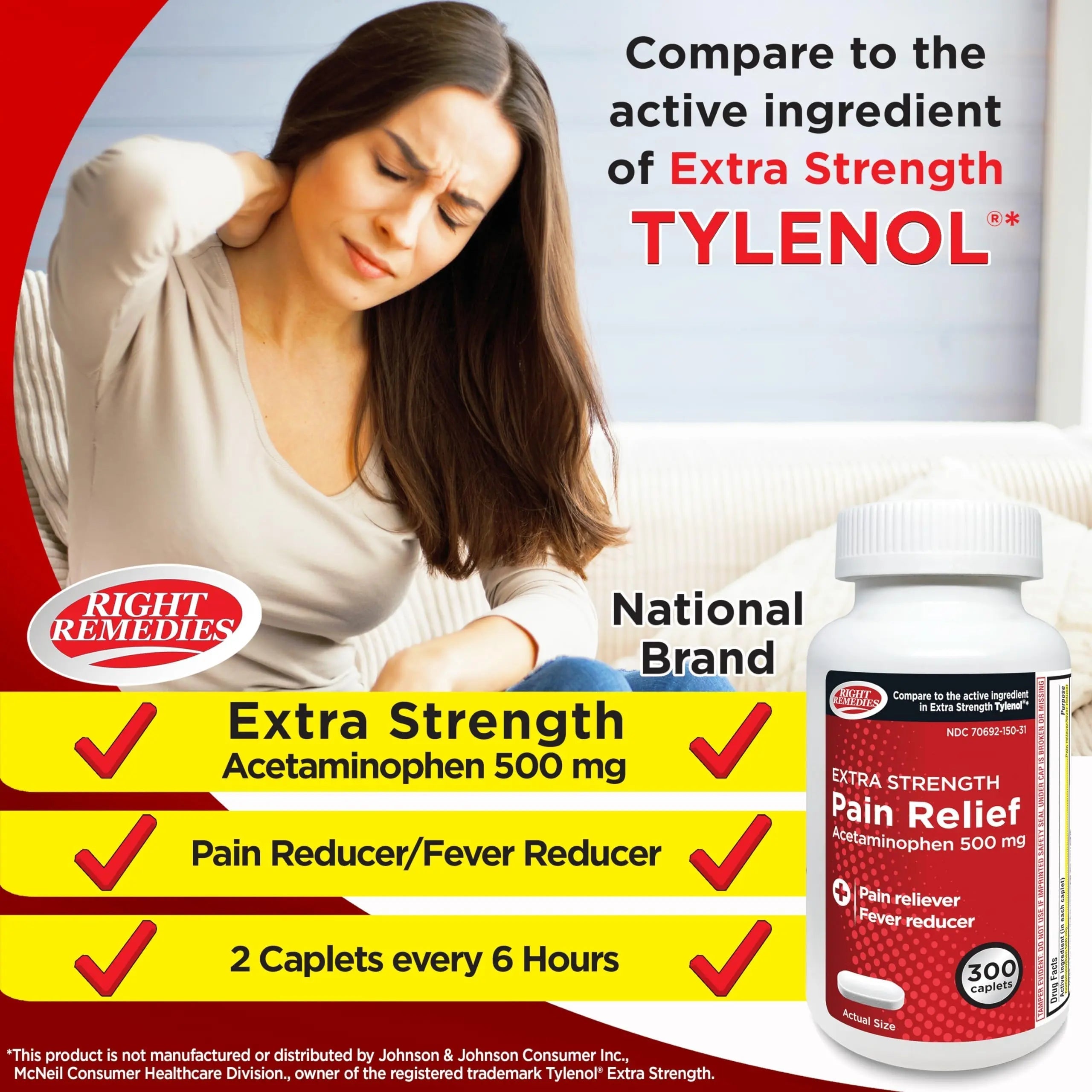 RIGHT REMEDIES Extra Strength Pain Relief, Acetaminophen 500 mg Caplets, Pain Reliever & Fever Reducer, Value Pack (300 Count), Compare to the Active Ingredient in Extra Strength Tylenol® RIGHT REMEDIES Au supplements