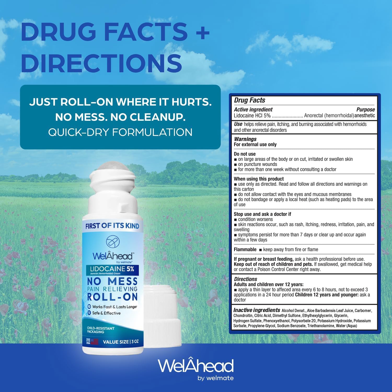 WELMATE - 5% Lidocaine Roll-On (3 oz Value Size) - No Mess Targeted Relief - Topical Anesthetic - Hemorrhoid Relief - Aloe Vera - Fast Acting & Long Lasting - Over-The-Counter Medication - First Aid WELMATE Au supplements