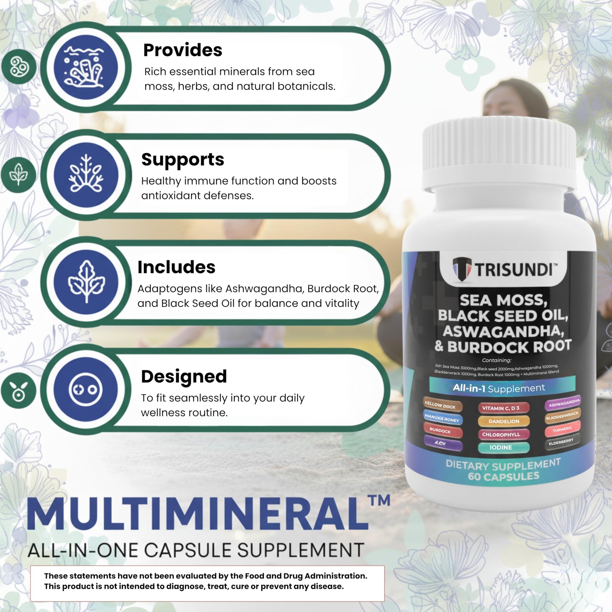 Trisundi Sea Moss Complex with Black Seed Oil, Ashwagandha & Burdock Root – All-in-One Herbal Supplement with Vitamins & Minerals – 60 Capsules Trisundi Au supplements
