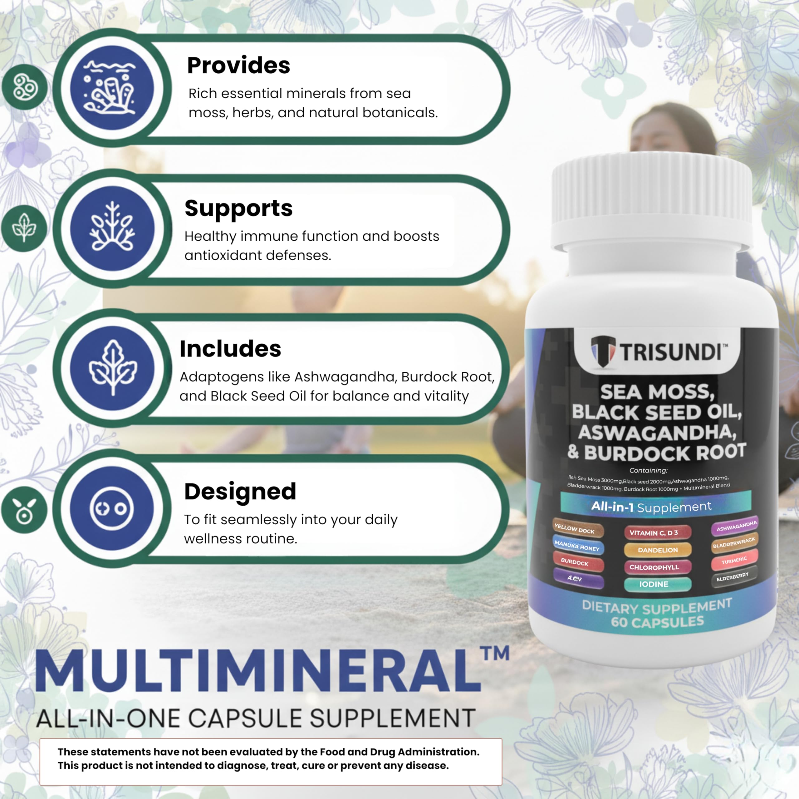 Trisundi Sea Moss Complex with Black Seed Oil, Ashwagandha & Burdock Root – All-in-One Herbal Supplement with Vitamins & Minerals – 60 Capsules Trisundi Au supplements