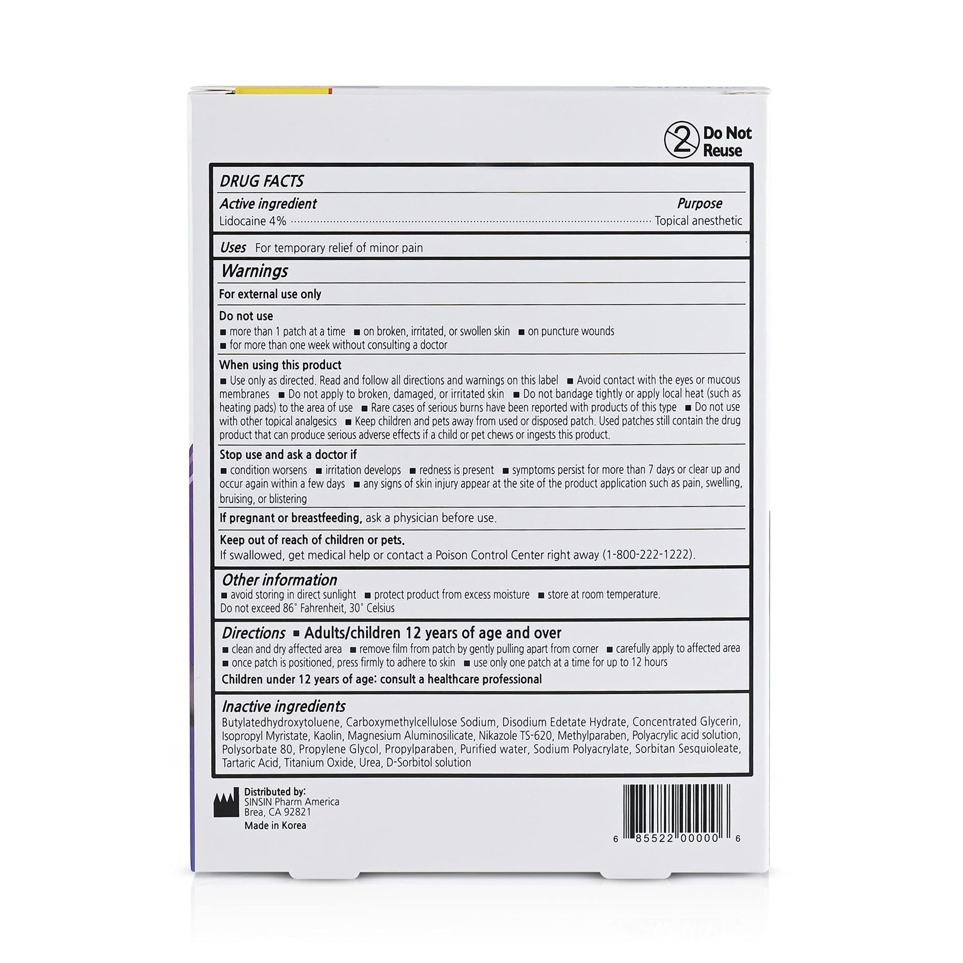 SINSINPAS Lidocaine 4% Pain Relieving Patch (1 Pack (5 Patches Total)) SINSINPAS Au supplements