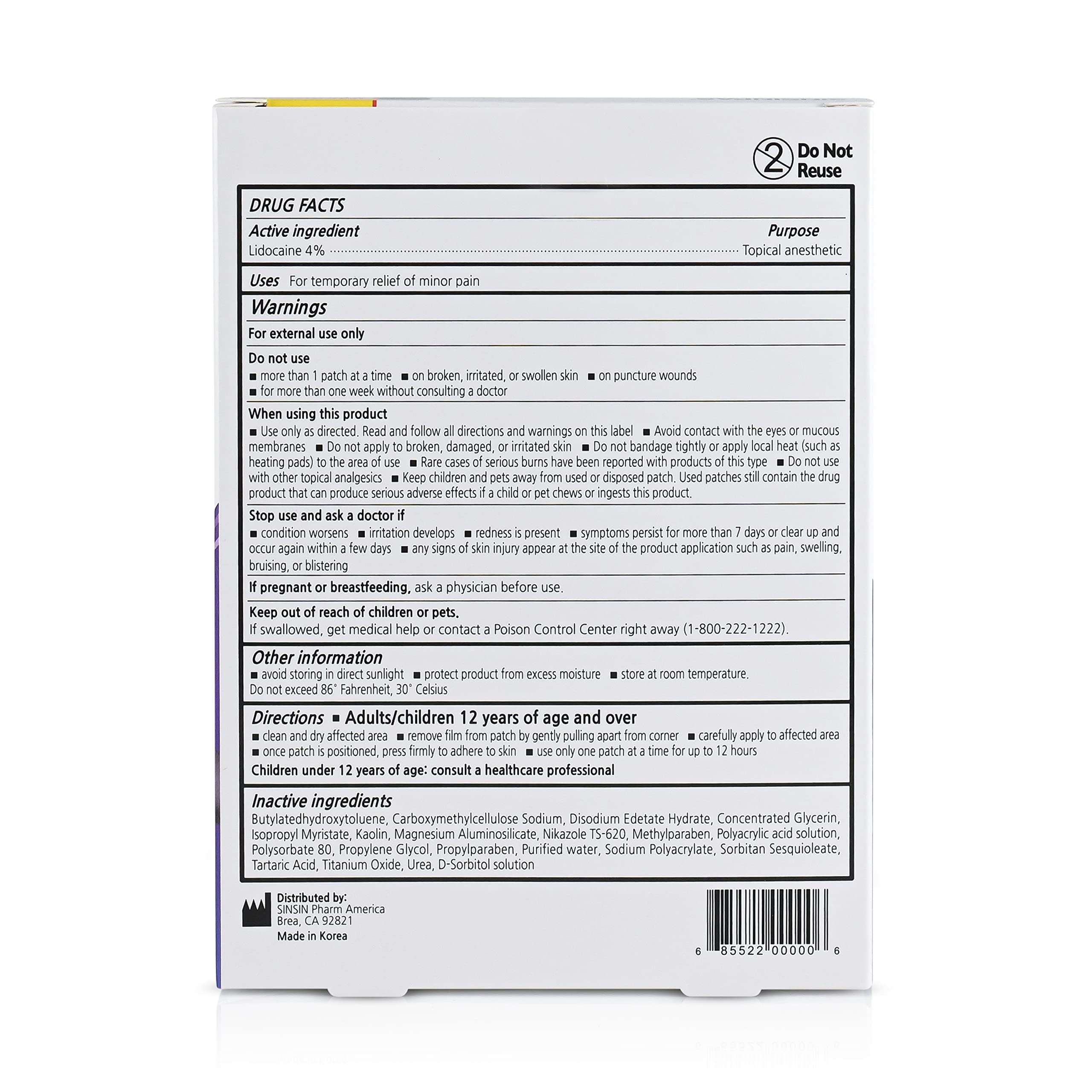 SINSINPAS Lidocaine 4% Pain Relieving Patch (1 Pack (5 Patches Total)) SINSINPAS Au supplements