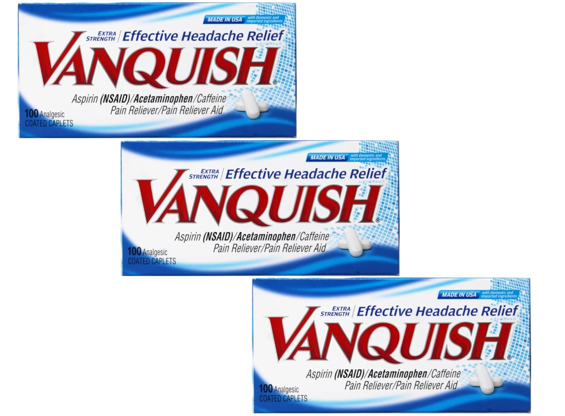 Vanquish Effective Headache Relief – Aspirin (NSAID), Acetaminophen, Caffeine, 100 Analgesic Coated Caplets - 3 Pack Vanquish Au supplements