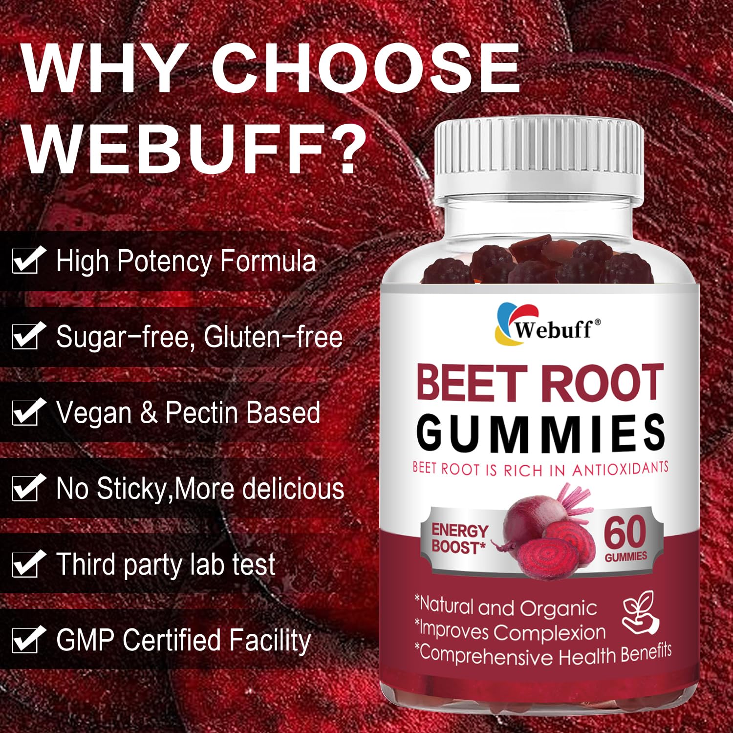 Webuff Beet Root Gummies - Nitric Oxide Booster with Organic Beet, Pomegranate & Grape Seed, Vitamin B12 - Energy, Circulation & Heart Health Support, Vegan, Non-GMO, 60 Count (Pack of 1) Webuff Au supplements