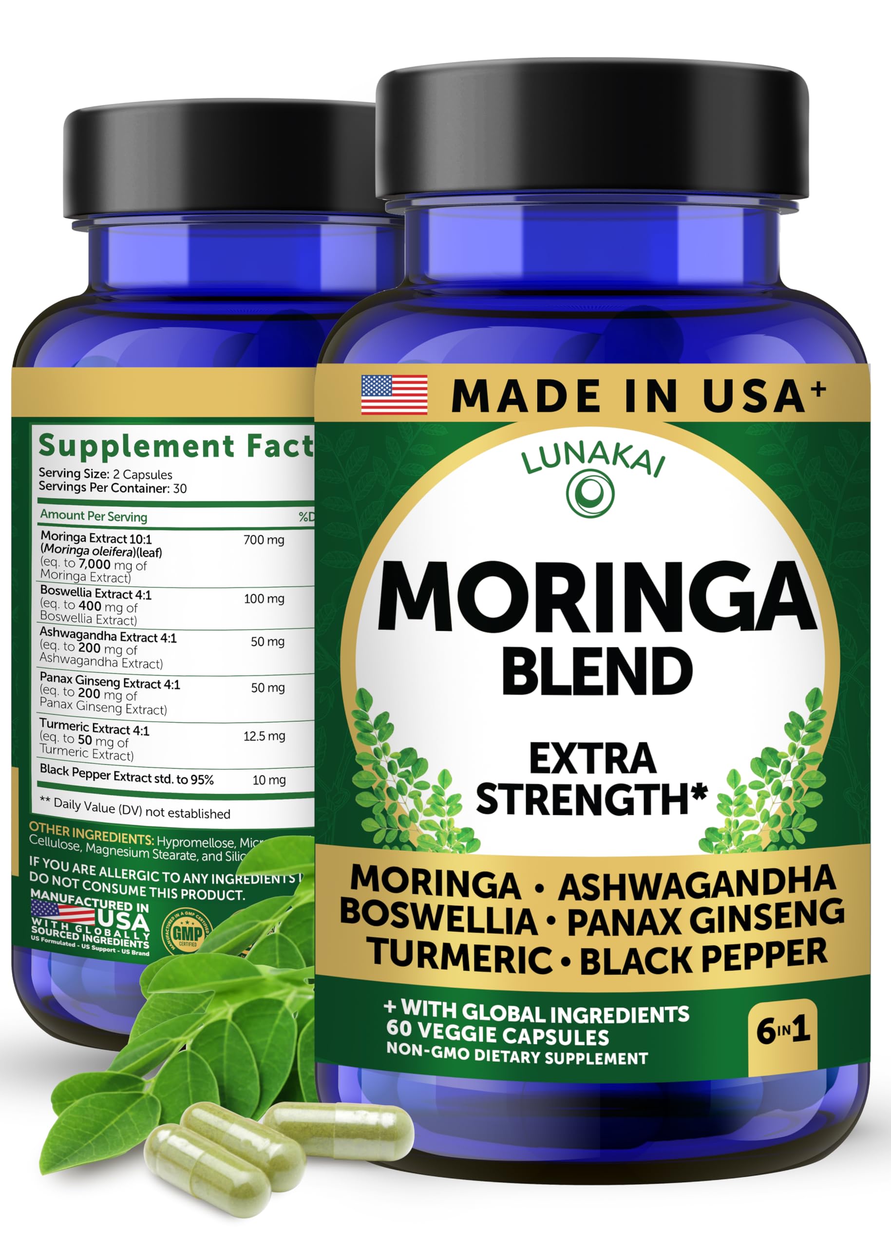 Lunakai USA Made Pure Moringa Capsules – Advanced Moringa Leaf Extract Supplement with Ashwagandha, Boswellia, Ginseng & Turmeric, 60ct Lunakai Au supplements