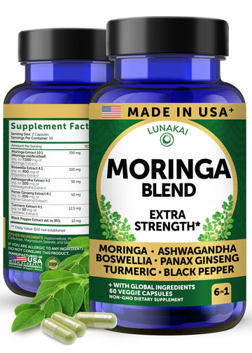 Lunakai USA Made Pure Moringa Capsules – Advanced Moringa Leaf Extract Supplement with Ashwagandha, Boswellia, Ginseng & Turmeric, 60ct Lunakai Au supplements