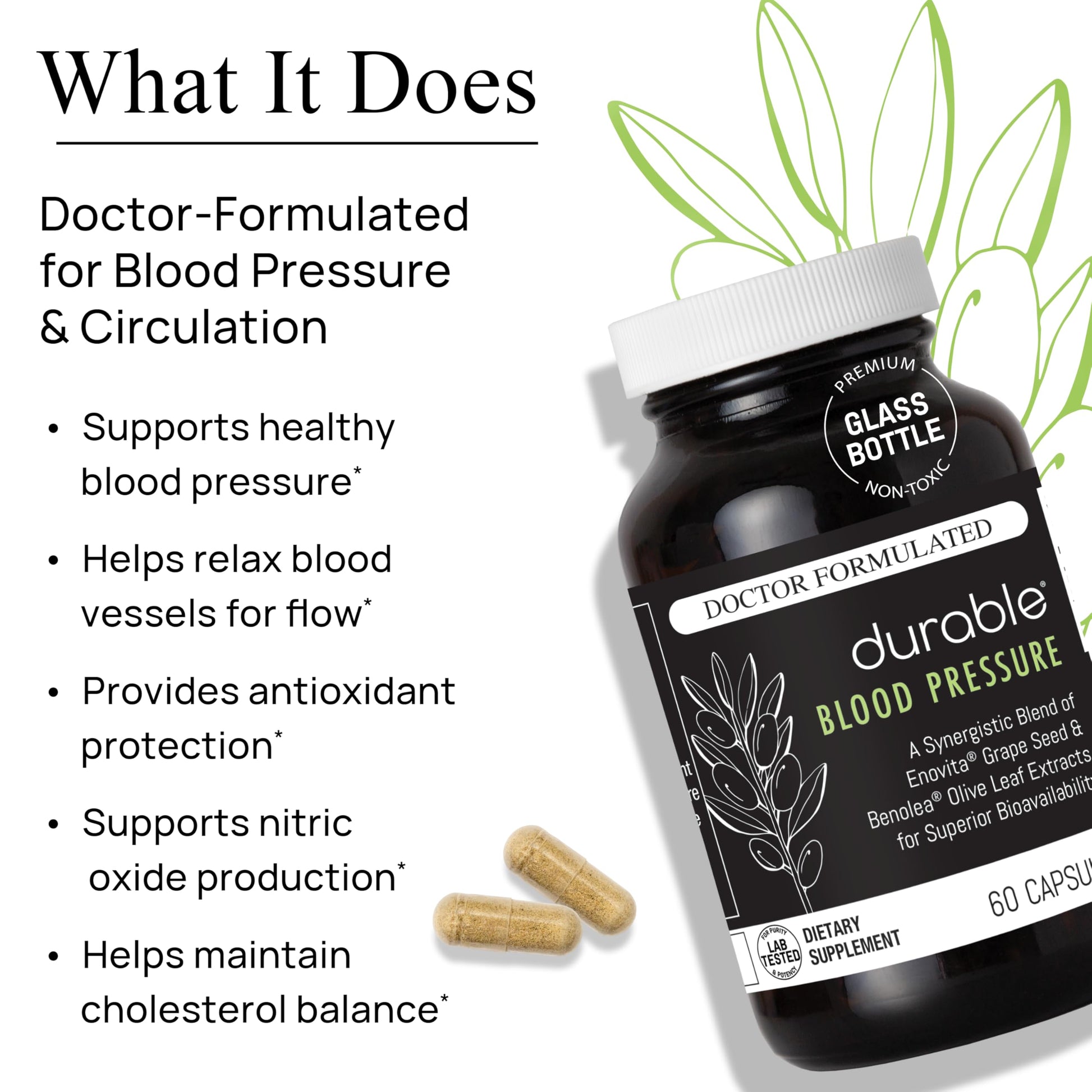 Durable Blood Pressure – Benolea Olive Leaf & Enovita Grape Seed Extract – Healthy Circulation, Nitric Oxide & Artery Support – Doctor Formulated, Vegan, Non-GMO, Made in USA (60 Capsules) Durable Au supplements