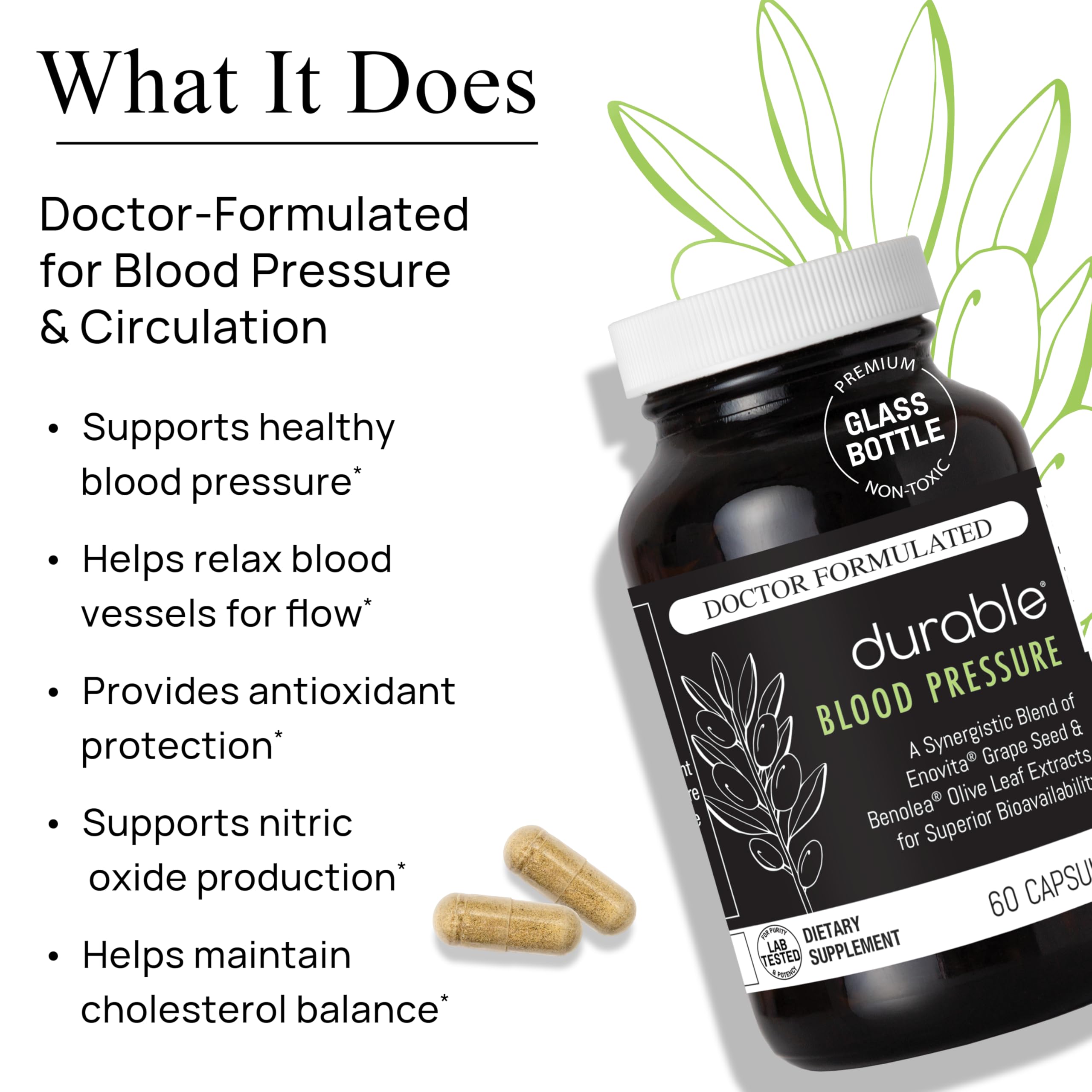 Durable Blood Pressure – Benolea Olive Leaf & Enovita Grape Seed Extract – Healthy Circulation, Nitric Oxide & Artery Support – Doctor Formulated, Vegan, Non-GMO, Made in USA (60 Capsules) Durable Au supplements