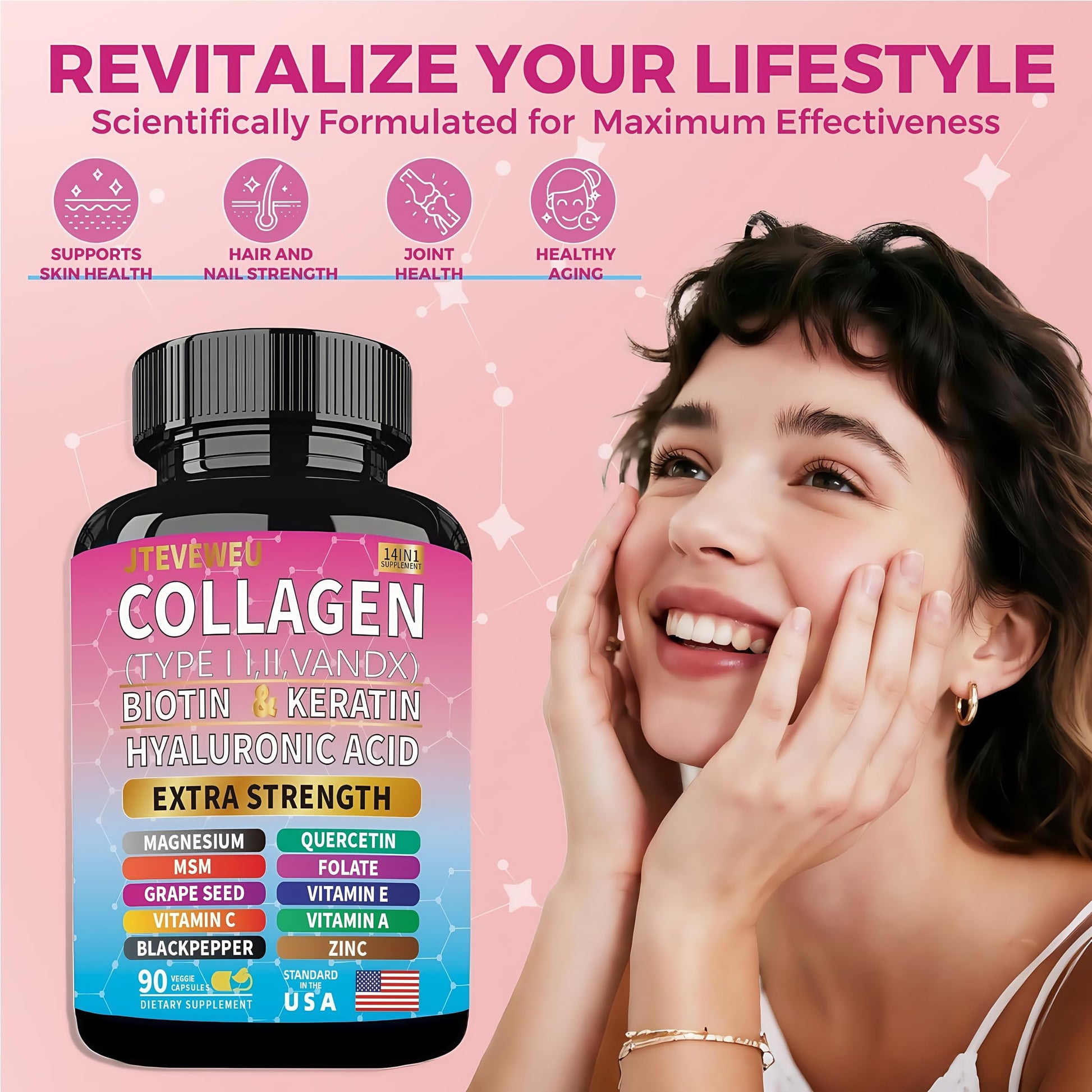 JTEVEweu Collagen Supplement - Type I, II, III, V and X - with Biotin, Keratin, Hyaluronic Acid & 13+ Extra Strength Ingredients - （90 Capsules） JTEVEweu Au supplements