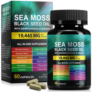 Sea Moss Black Seed Oil Ashwagandha Ginger Capsules, Seamoss Capsules Supplement with Bladderwrack Burdock & Vitamin C Vitamin D3 for Women & Men-Enhanced Immunity,60 Counts Vceeoy Au supplements