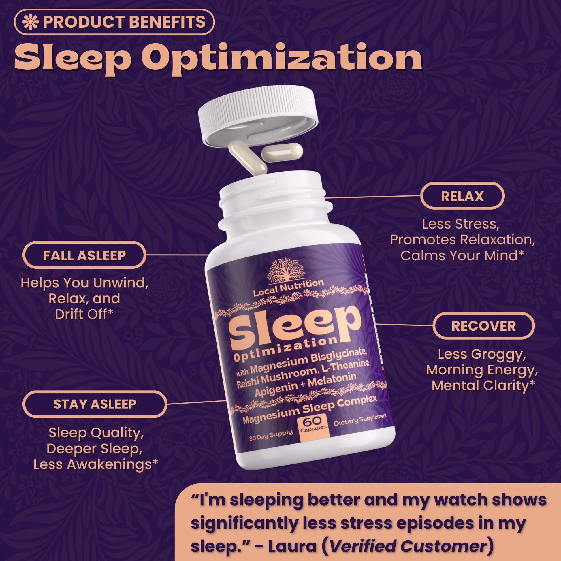 Local Nutrition Natural Sleep Aid with Magnesium Glycinate, Reishi Mushroom Extract, L-Theanine, Apigenin, and Melatonin - Sleep Supplement for Adults Seeking Deep Rest - 60 Capsules, Made in The USA Local Nutrition Au supplements