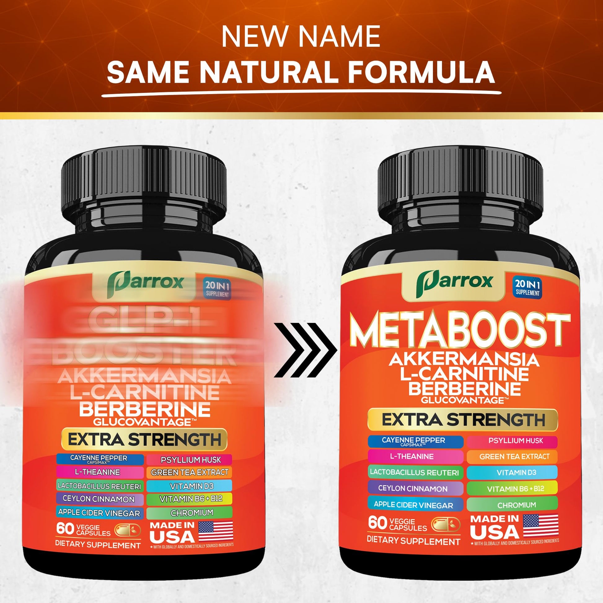 GLP-1 Booster Supplement, Akkermansia, L-Carnitine, Berberine (GlucoVantage), Methylfolate, Methylated B12, Chromium, Capsimax, Psyllium Husk, Probiotics Vitamins D3, B6, 20-in-1 Plant-Based (60 Caps) Parrox Au supplements