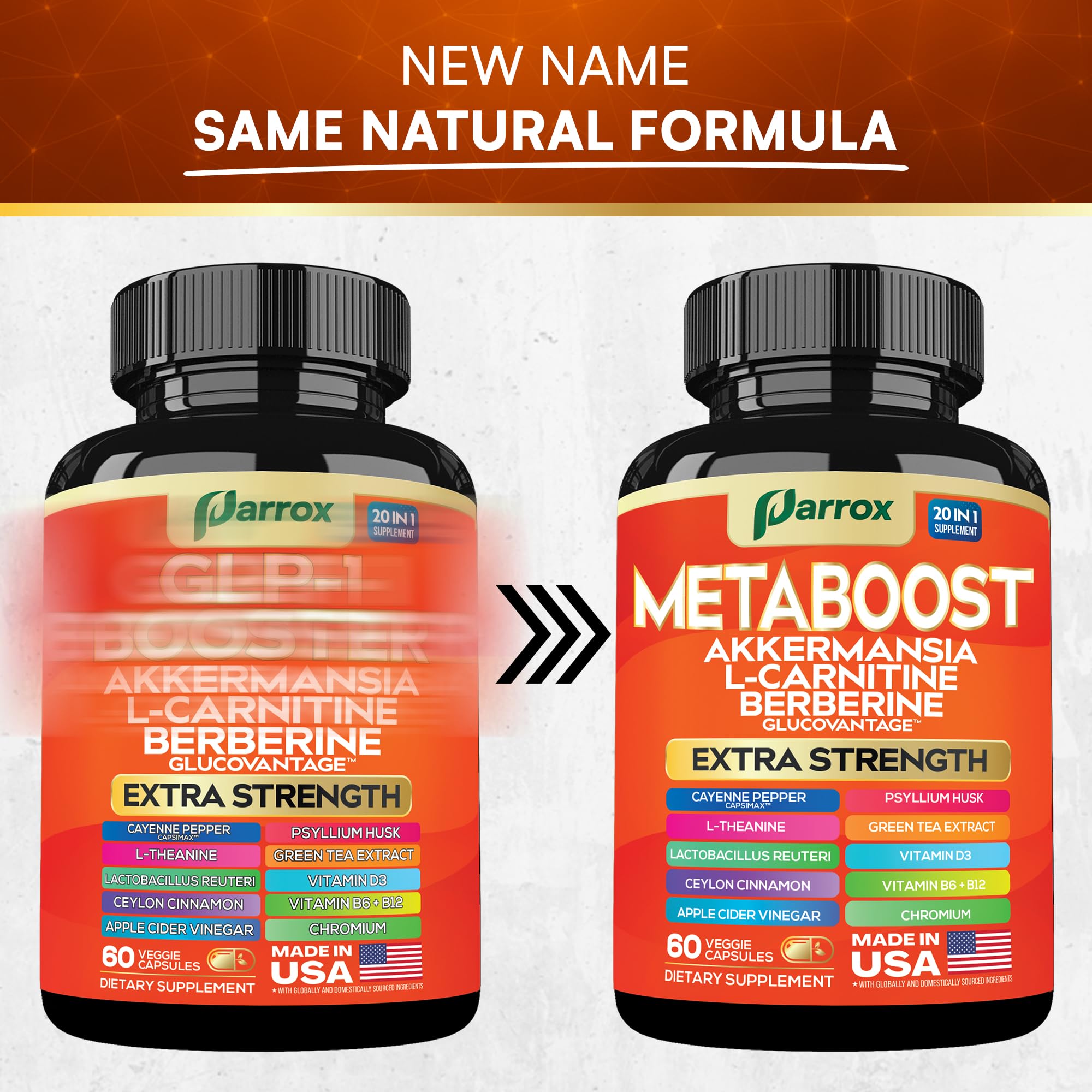 GLP-1 Booster Supplement, Akkermansia, L-Carnitine, Berberine (GlucoVantage), Methylfolate, Methylated B12, Chromium, Capsimax, Psyllium Husk, Probiotics Vitamins D3, B6, 20-in-1 Plant-Based (60 Caps) Parrox Au supplements