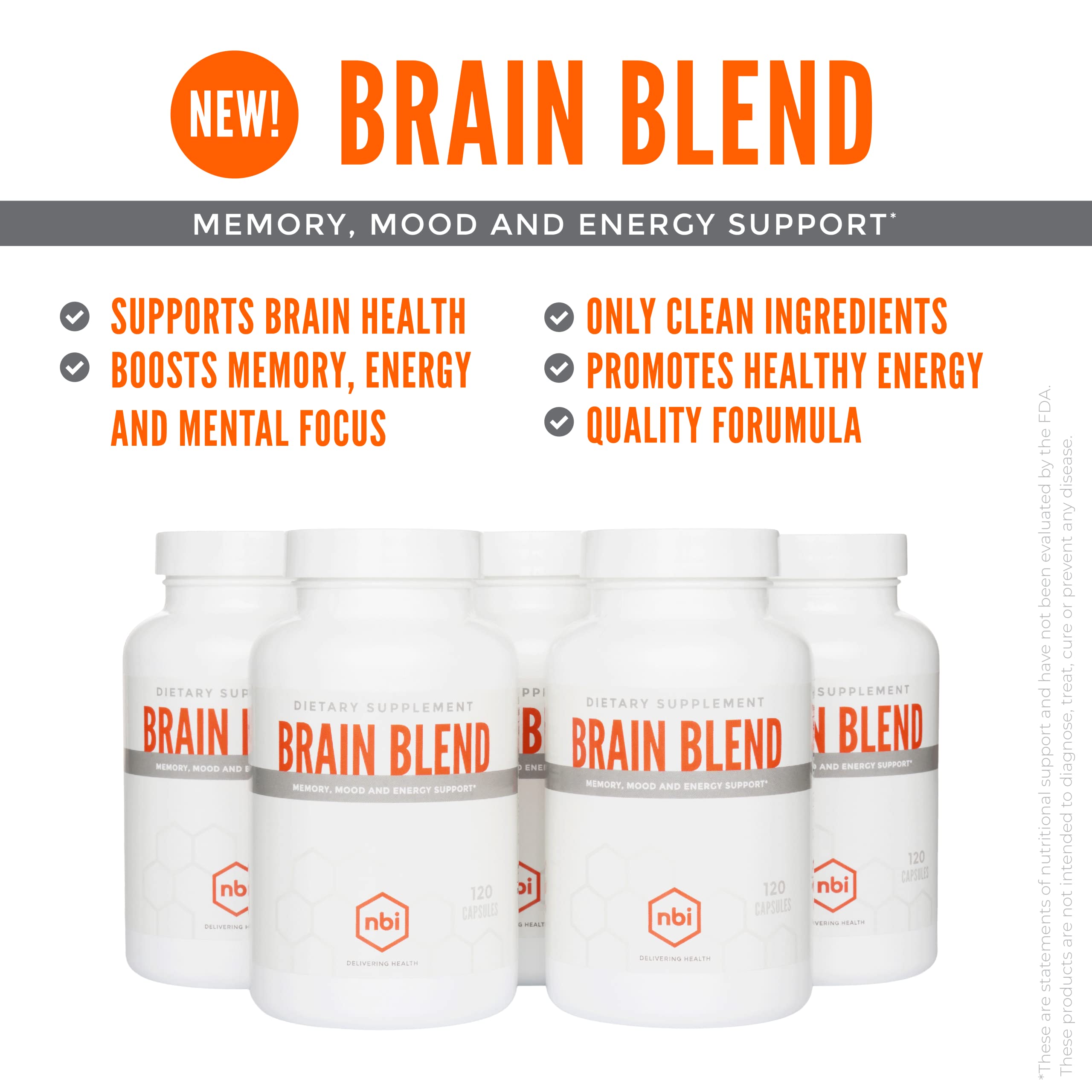 NBI Brain Blend for Memory, Focus, Concentration, Cognitive Function for Men & Women | Caffeine-Free with ALCAR, Alpha Lipoic Acid, Huperzine A, Turmeric | Nootropic | 120ct Capsules NBI Au supplements
