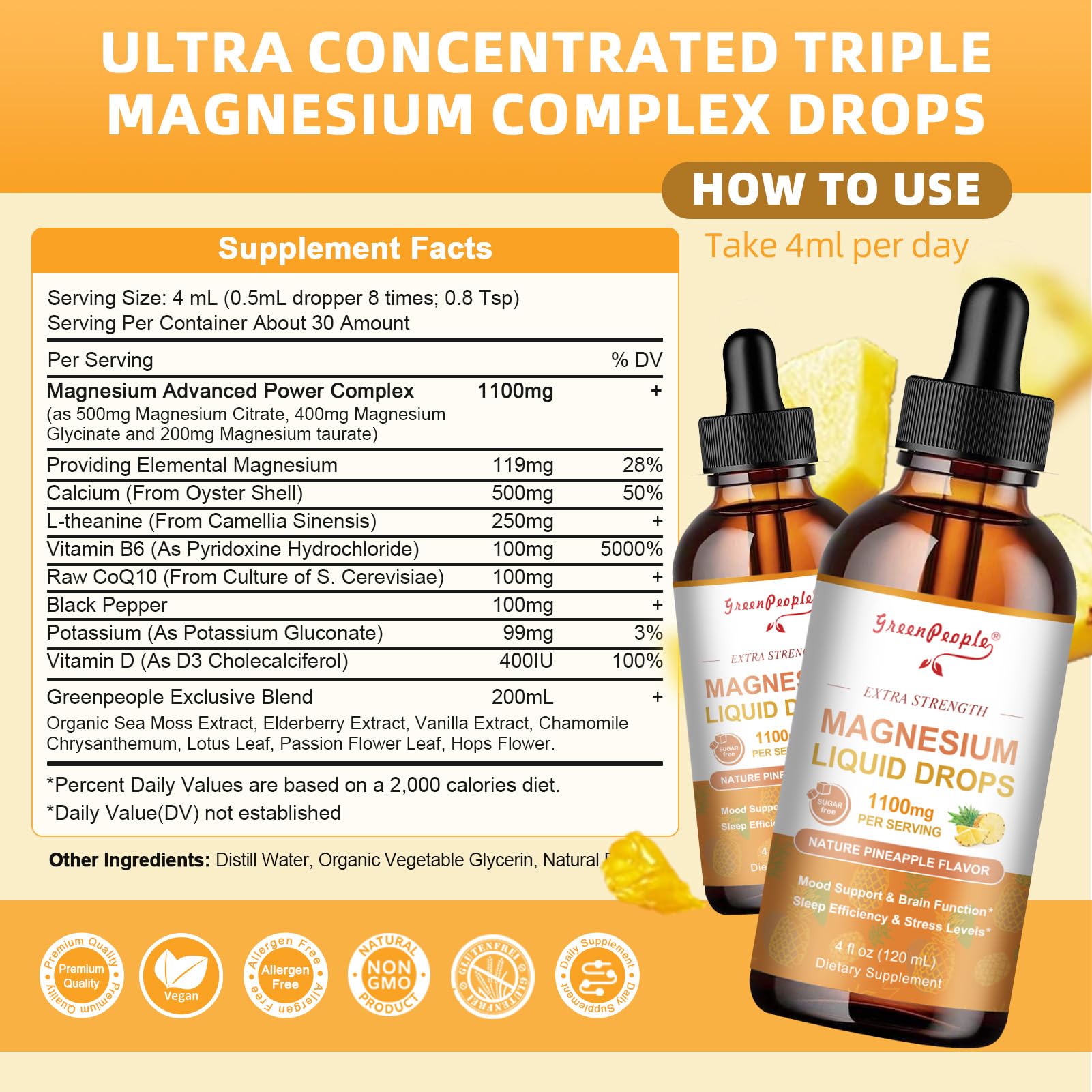 GREENPEOPLE 17-in-1 Triple Magnesium Complex Supplement,Magnesio Liquid Drops with Magnesium Glycinate & Citrate,Pineapple Flavor,Calm Mood,Muscle & Sleep for Adults,4 fl. oz 2Pack GREENPEOPLE Au supplements