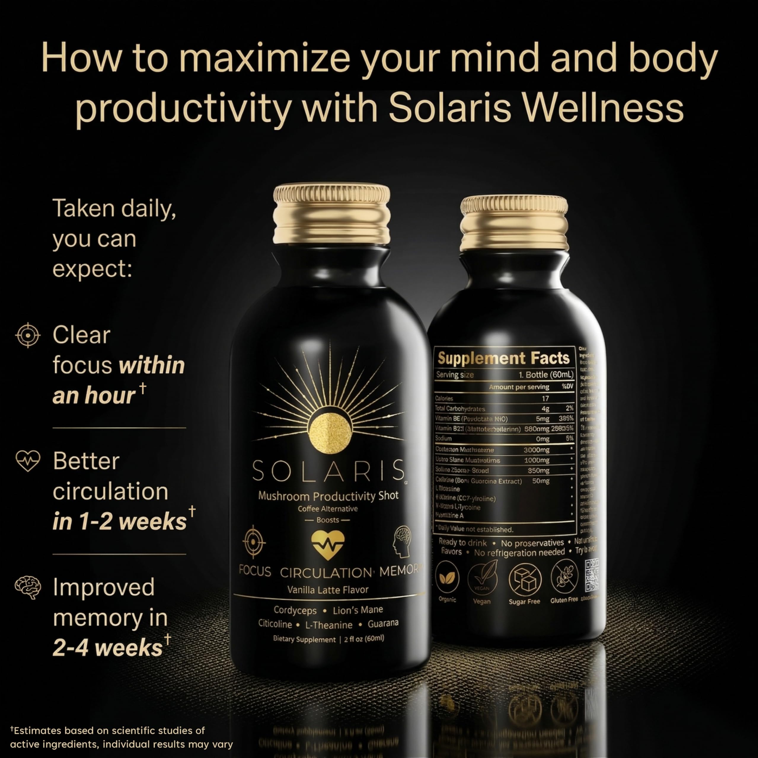 Solaris Mushroom Productivity Wellness Shots | Focus, Circulation, Memory | 4000mg of Cordyceps & Lion's Mane | Citicoline, L-Theanine, Vitamin B6/B12 | Coffee Alternative (6-Pack) Solaris Extracts Au supplements