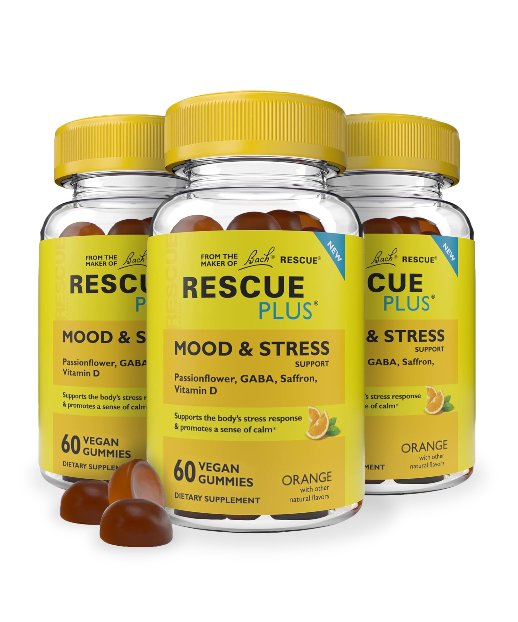 RESCUE Bach Plus Mood & Stress Support Gummies, Daytime Dietary Supplement with Passionflower, GABA, Saffron & Vitamin D, Natural Orange Flavor, Vegan & Gluten-Free, 3 Pack, 180 Count Total RESCUE Au supplements