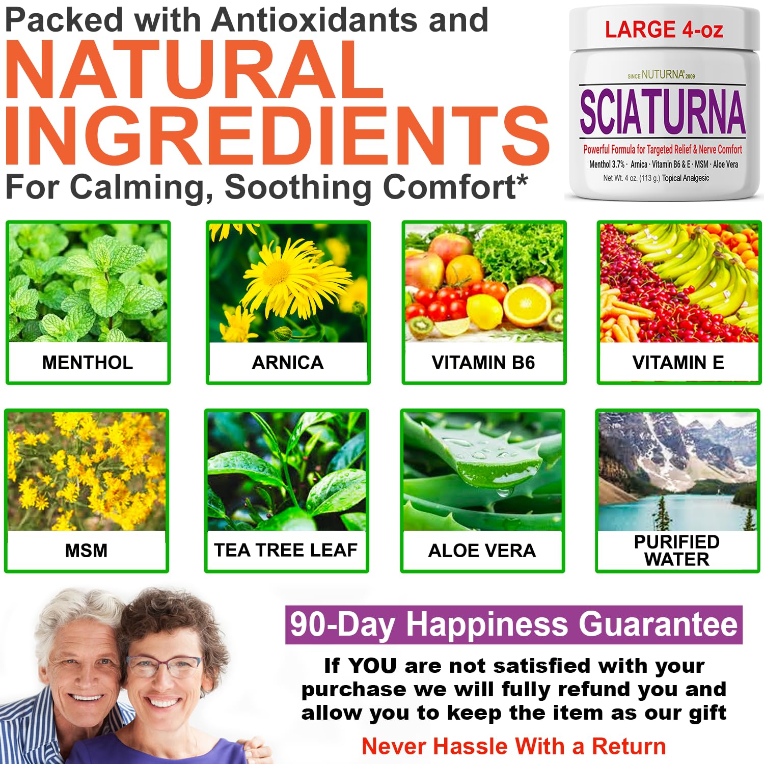 Sciatica Nerve Cream - Maximum Strength Comfort Cream for Feet, Hands, Legs, Toes, Back - Natural Ultra Strength Arnica, MSM, Menthol, Soothing Comfort, Large 4 Oz Nuturna Au supplements