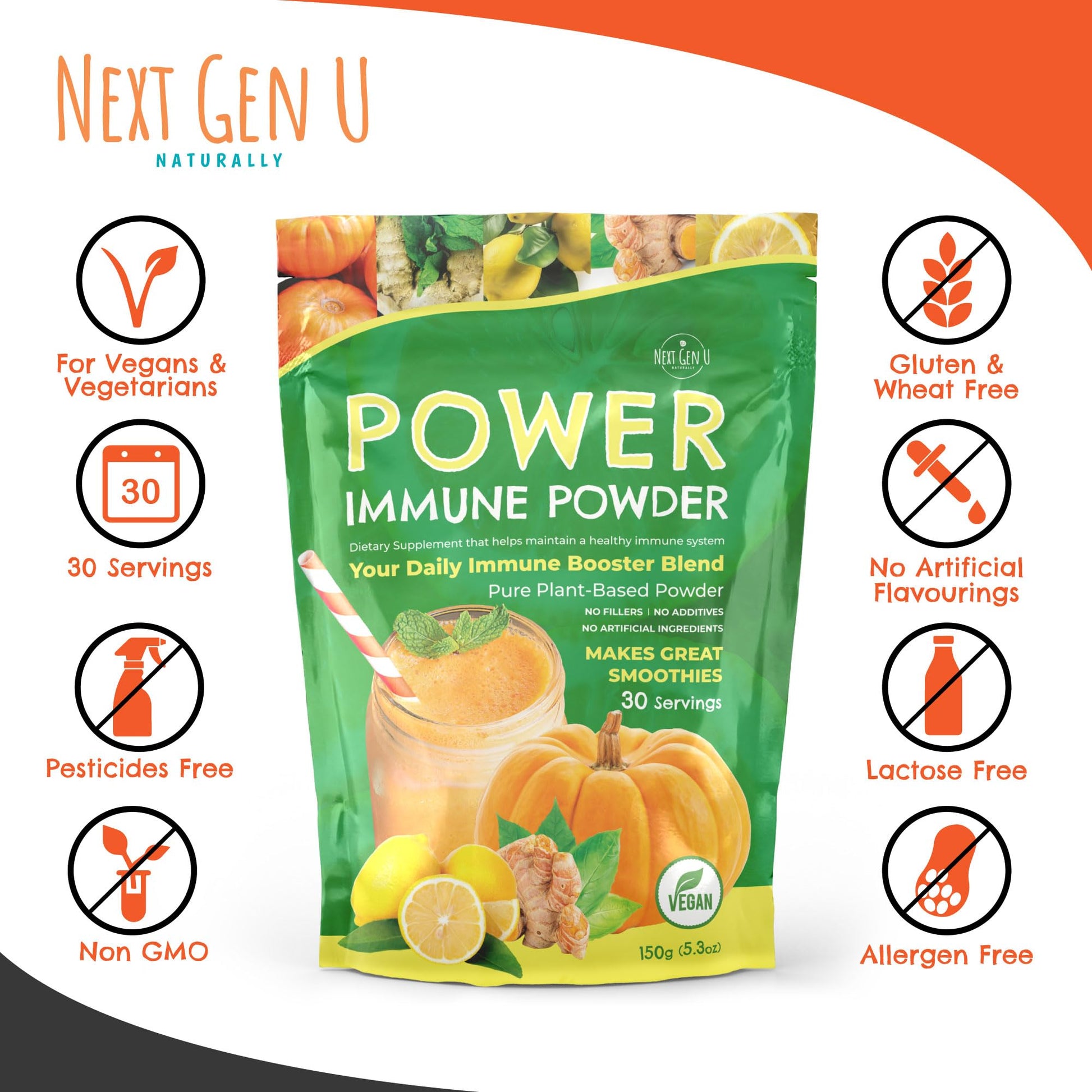 Immune Support - Supplement Powder 150g - Superfood Booster for Adults - Natural Immunity Defense - Daily Drink Mix for Women & Men - Plant Based, Vegan & Gluten Free Smoothie Boost by NextGenU NGU Next Gen U Au supplements