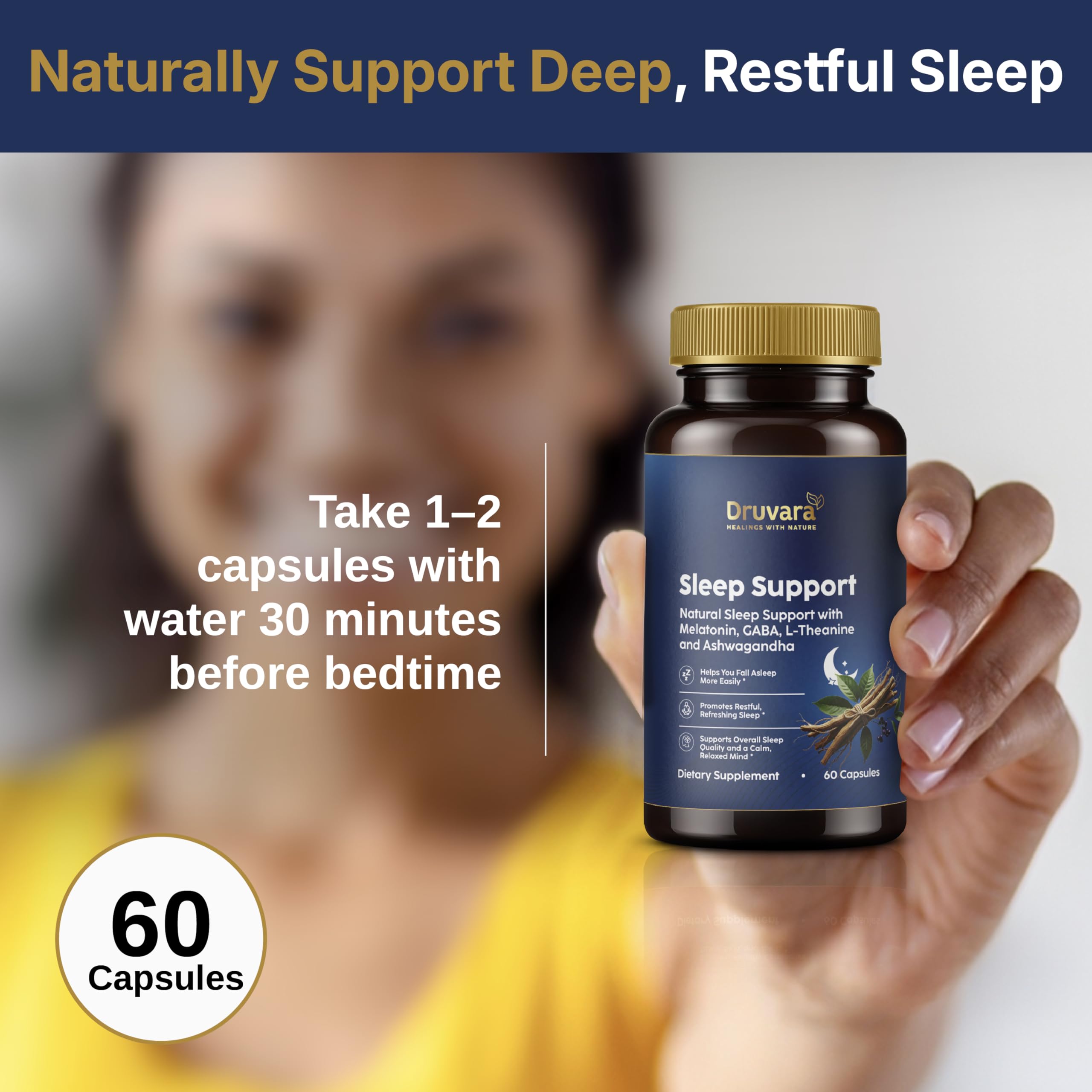Druvara Natural Sleep Aid for Adults with Melatonin, GABA, L-Theanine & Ashwagandha, Natural Sleep Supplement for Deep, Restful Sleep - 60 Capsules Druvara Au supplements