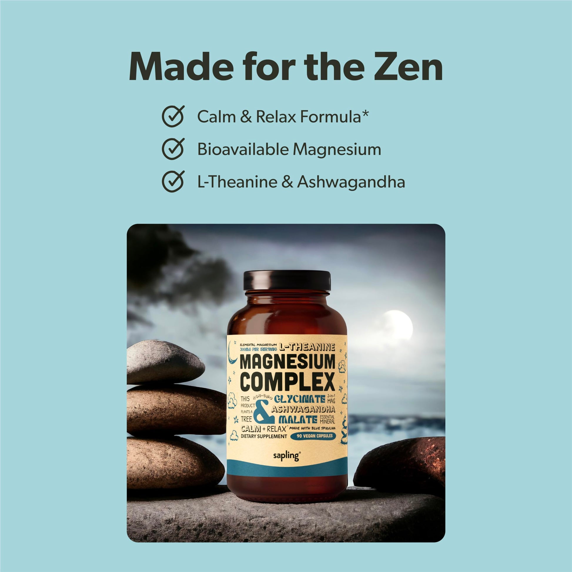 Magnesium Glycinate Complex Supplement - Chelated Magnesium Glycinate with Malate, Organic Ashwagandha, L-theanine & Blue Spirulina - High Absorption, Vegan, Non-GMO, 300mg, 90 Veggie Caps sapling Au supplements