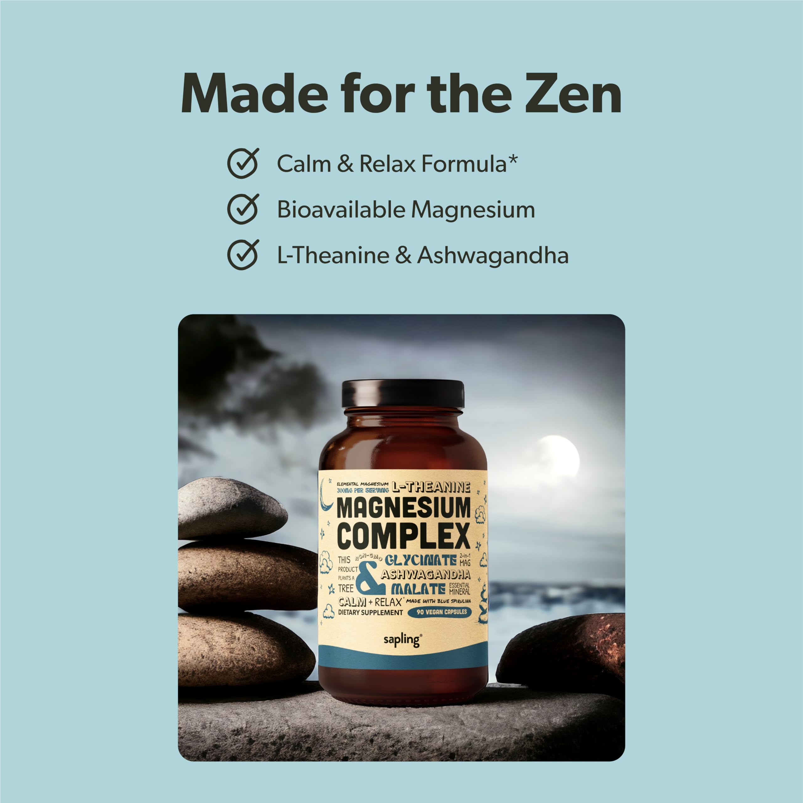 Magnesium Glycinate Complex Supplement - Chelated Magnesium Glycinate with Malate, Organic Ashwagandha, L-theanine & Blue Spirulina - High Absorption, Vegan, Non-GMO, 300mg, 90 Veggie Caps sapling Au supplements