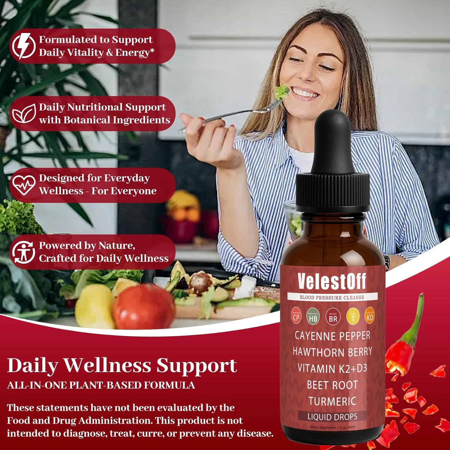 Velestoff Cayenne Pepper | Cayenne Heart & Circulation Blend – Botanical Extracts with Hawthorn, Beet Root, Turmeric, Vitamin K2 & D3 – Daily Wellness Drops (2 fl oz) (1) DFTLUUE Au supplements
