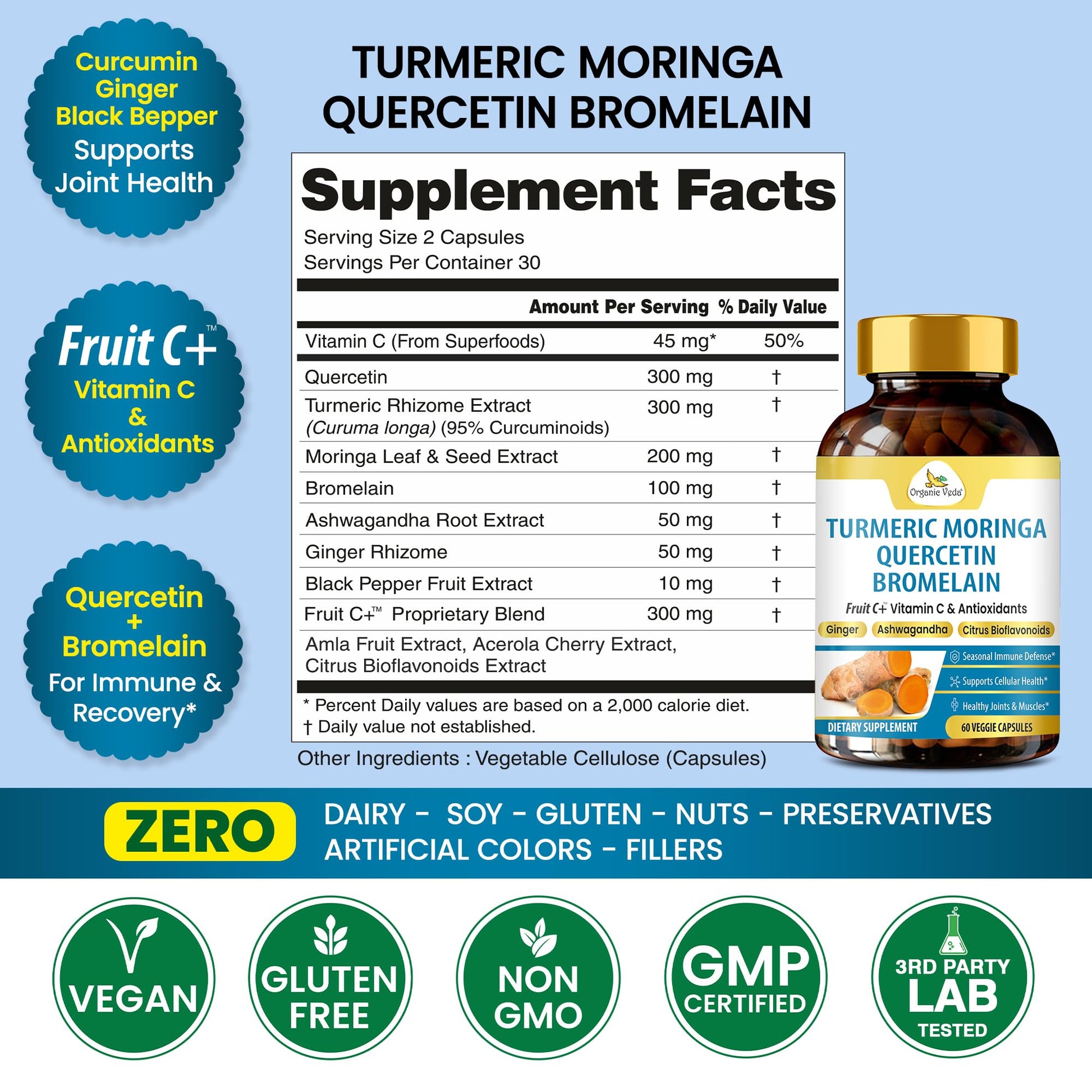 Organic Veda Turmeric Moringa Quercetin with Bromelain Capsules - Fruit C+ Vitamin C Antioxidants Immune System & Respiratory Supplement - Ashwagandha, Ginger, Citrus Bioflavonoids, 60 Vegan Capsule Organic Veda Au supplements