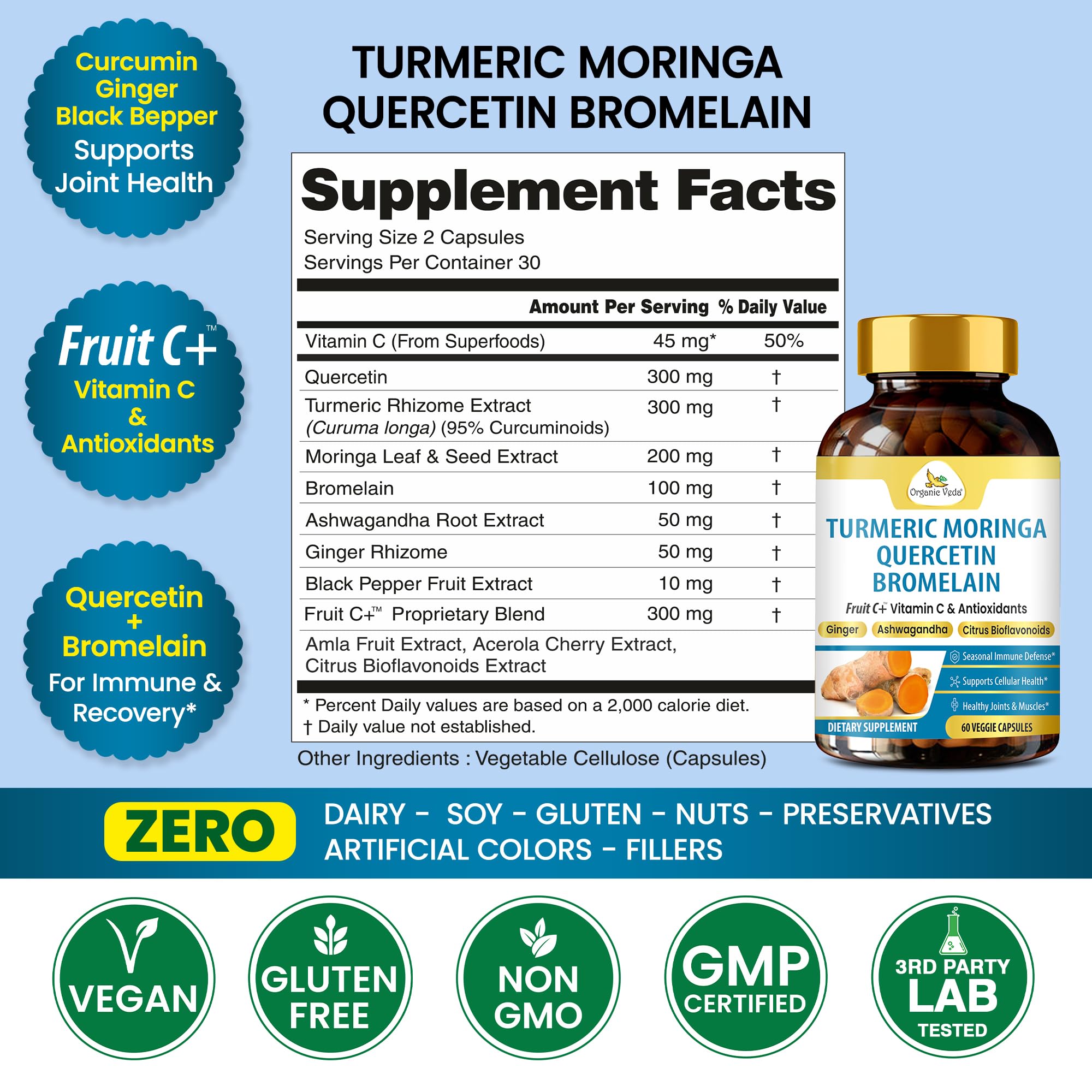 Organic Veda Turmeric Moringa Quercetin with Bromelain Capsules - Fruit C+ Vitamin C Antioxidants Immune System & Respiratory Supplement - Ashwagandha, Ginger, Citrus Bioflavonoids, 60 Vegan Capsule Organic Veda Au supplements