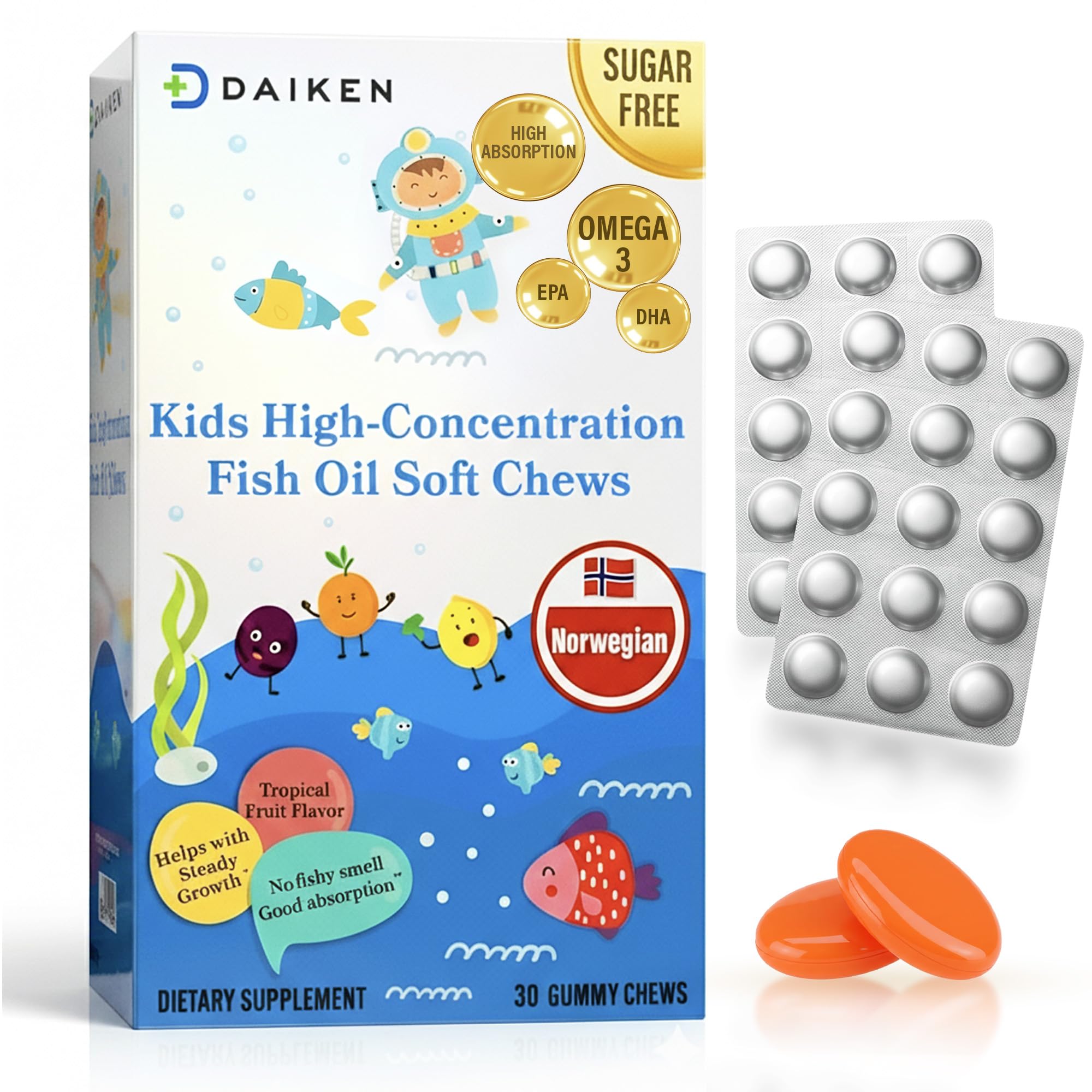 DAIKEN High Concentration Kids Fish Oil Omega-3 Gummies, No Sugar Added, Individually Wrapped, 300 mg Omega-3 (DHA & EPA) with Vitamin D3 for Kid, 30 Count, Tropical Fruit Flavor, Norwegian Sourced DAIKEN Au supplements