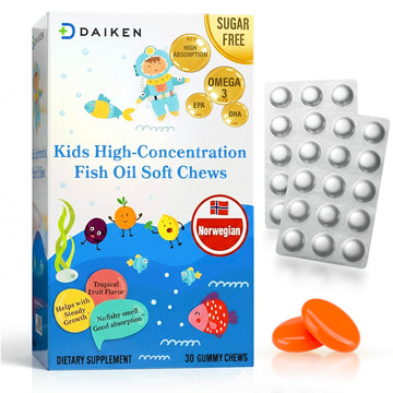 DAIKEN High Concentration Kids Fish Oil Omega-3 Gummies, No Sugar Added, Individually Wrapped, 300 mg Omega-3 (DHA & EPA) with Vitamin D3 for Kid, 30 Count, Tropical Fruit Flavor, Norwegian Sourced DAIKEN Au supplements