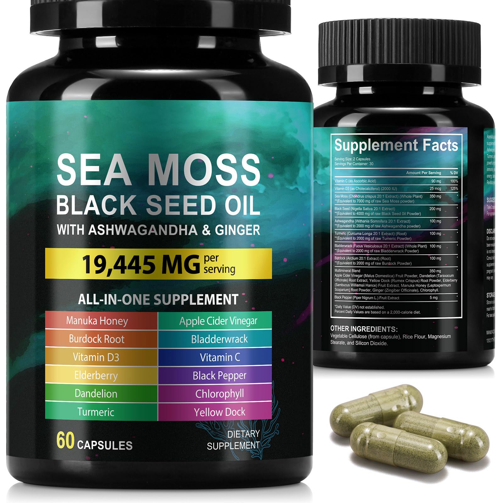 Sea Moss Black Seed Oil Ashwagandha Ginger Capsules, Seamoss Capsules Supplement with Bladderwrack Burdock & Vitamin C Vitamin D3 for Women & Men-Enhanced Immunity,60 Counts Vceeoy Au supplements