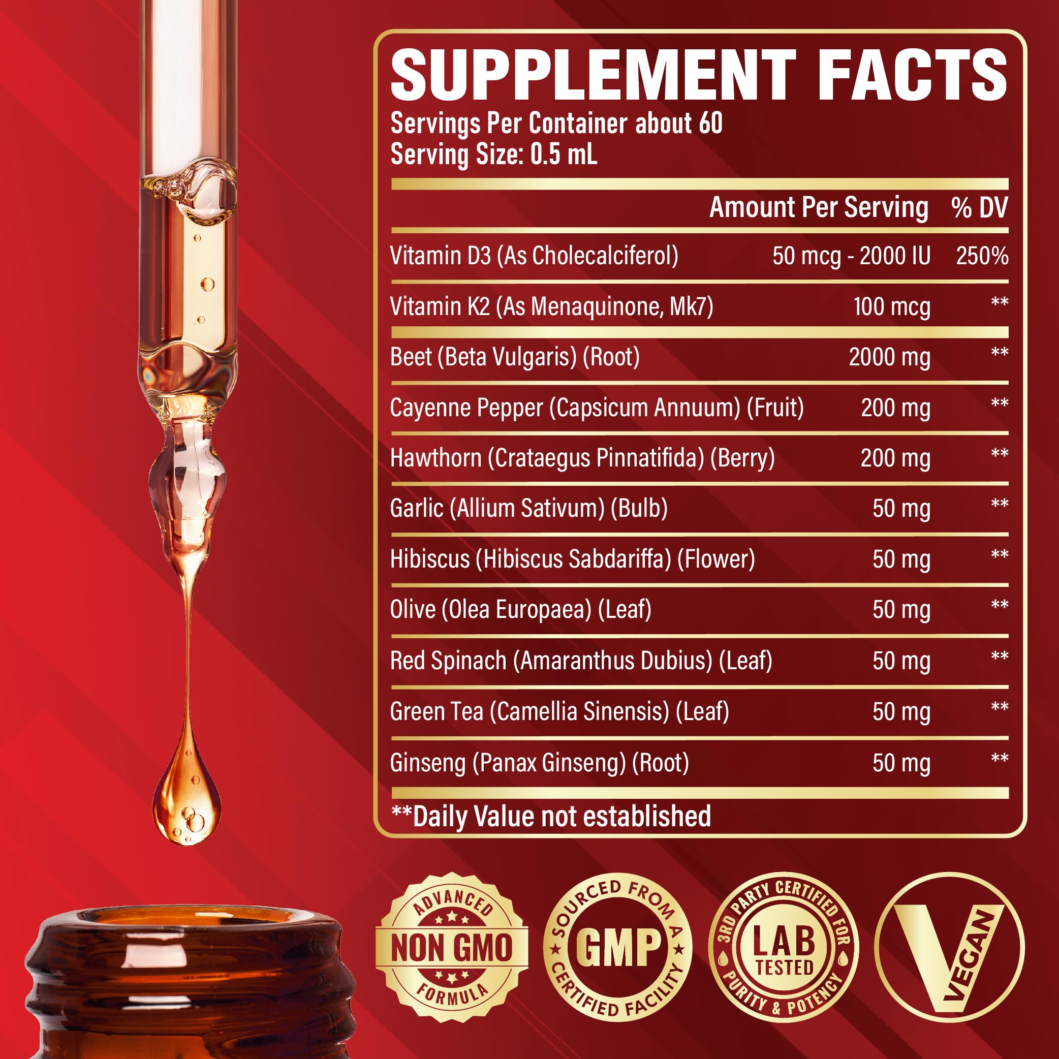 11in1 Beet Root Liquid Drops Supplement with Formula with D3, K2, Hawthorn, Red Spinach, Garlic & Green Tea and More - Supports Immune & Vitality - 1 FL Oz - for 60 Days Satoomi Au supplements