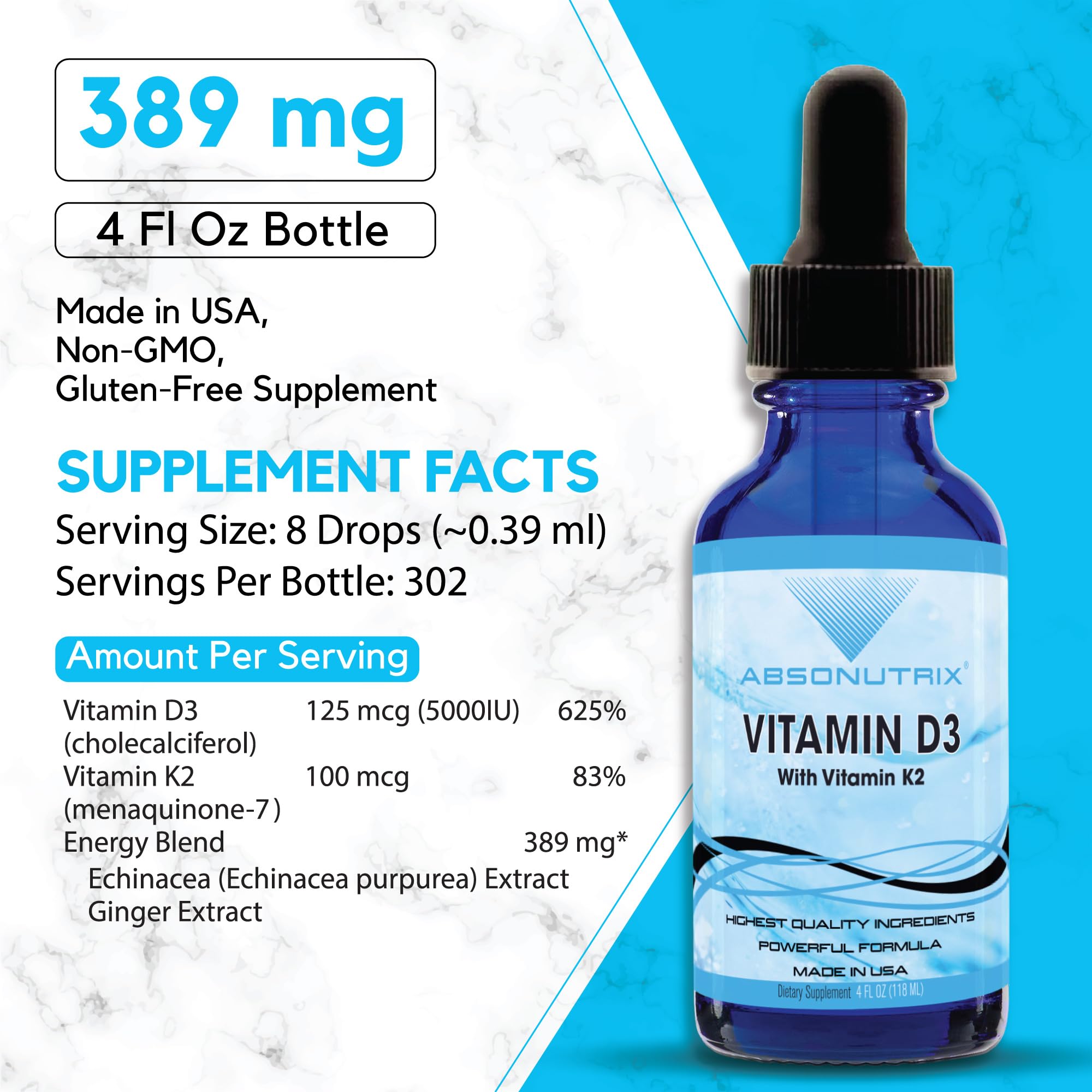 Absonutrix Vitamin D3 K2 Drops, 390mg, 4 Oz Liquid, 302 Servings, Made in USA, Quick Absorption, Quality Potent Ingredients, Non-GMO, GMP Certified, Cruelty-Free Products, Bone Strength Supplements Absonutrix Au supplements