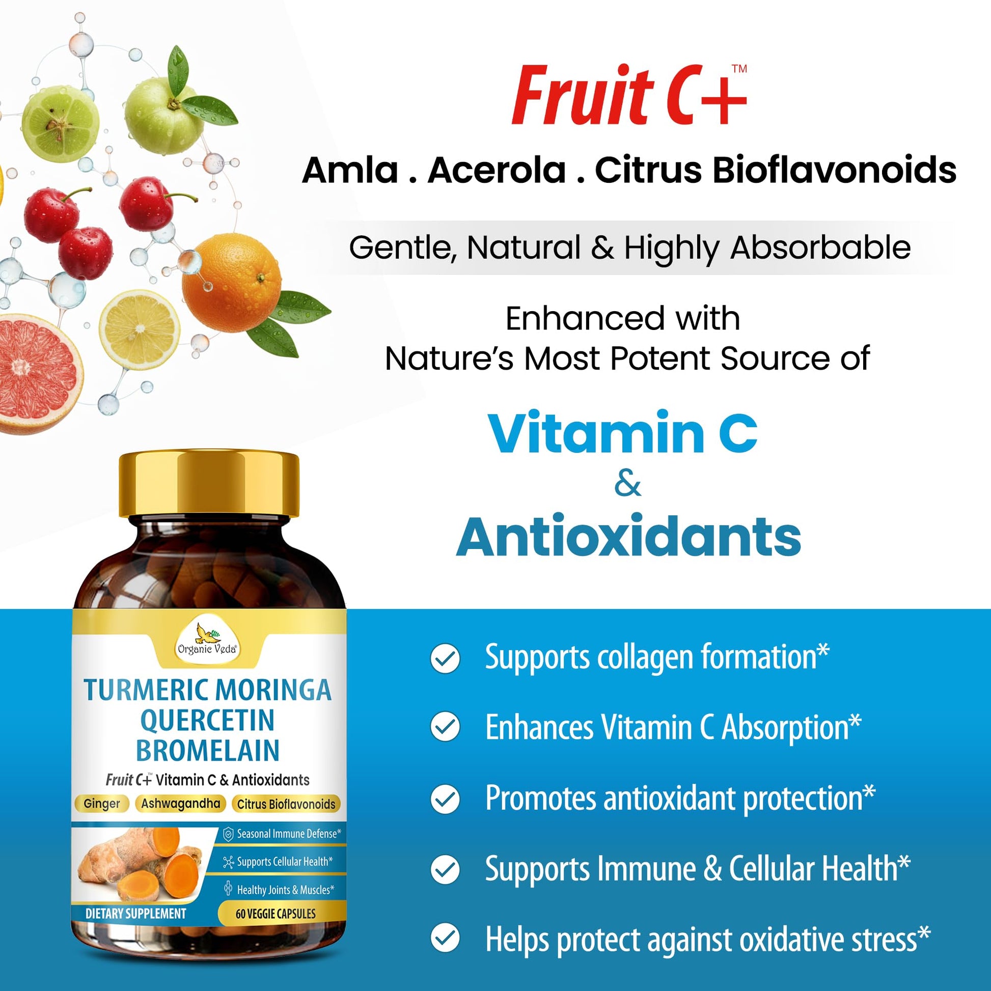 Organic Veda Turmeric Moringa Quercetin with Bromelain Capsules - Fruit C+ Vitamin C Antioxidants Immune System & Respiratory Supplement - Ashwagandha, Ginger, Citrus Bioflavonoids, 60 Vegan Capsule Organic Veda Au supplements