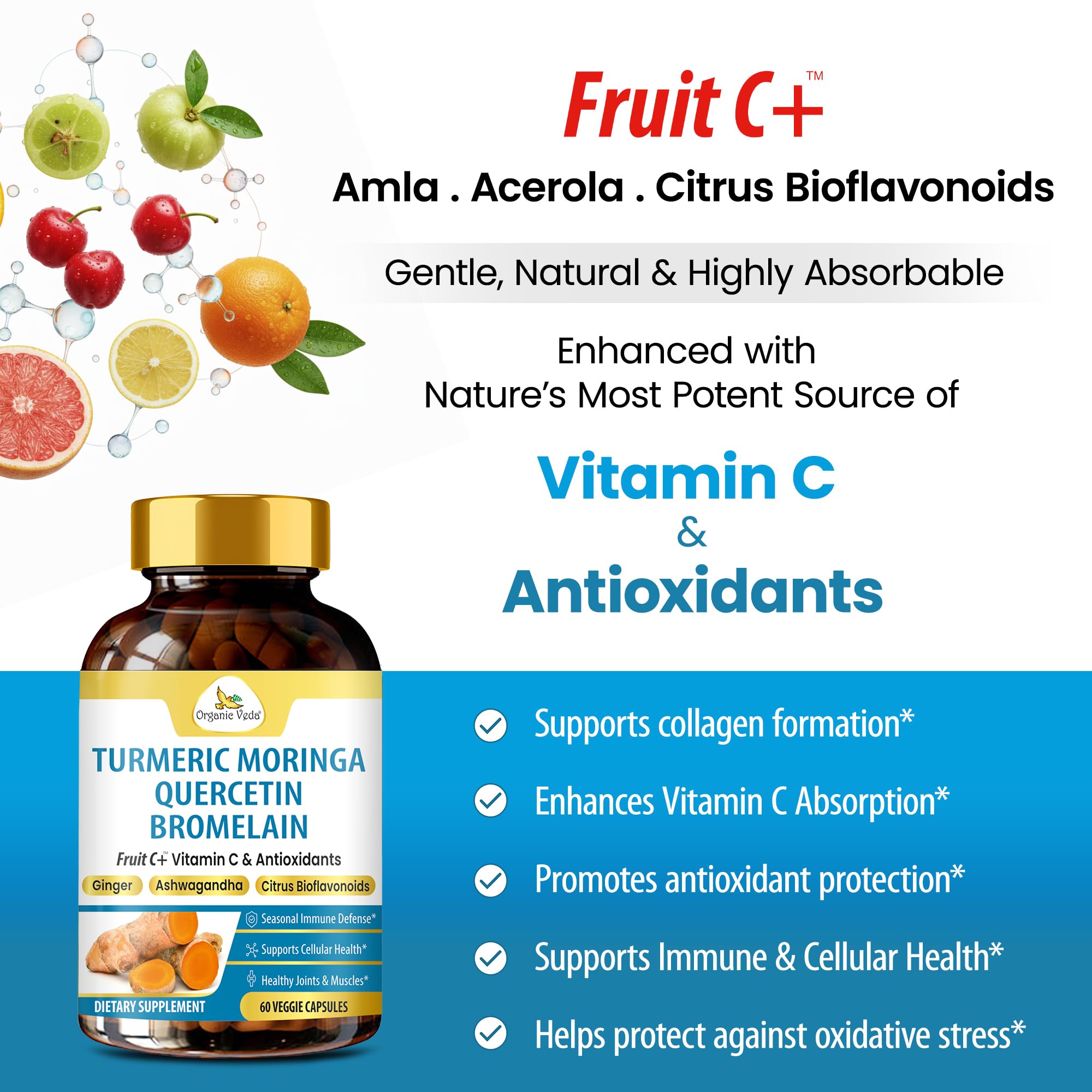 Organic Veda Turmeric Moringa Quercetin with Bromelain Capsules - Fruit C+ Vitamin C Antioxidants Immune System & Respiratory Supplement - Ashwagandha, Ginger, Citrus Bioflavonoids, 60 Vegan Capsule Organic Veda Au supplements