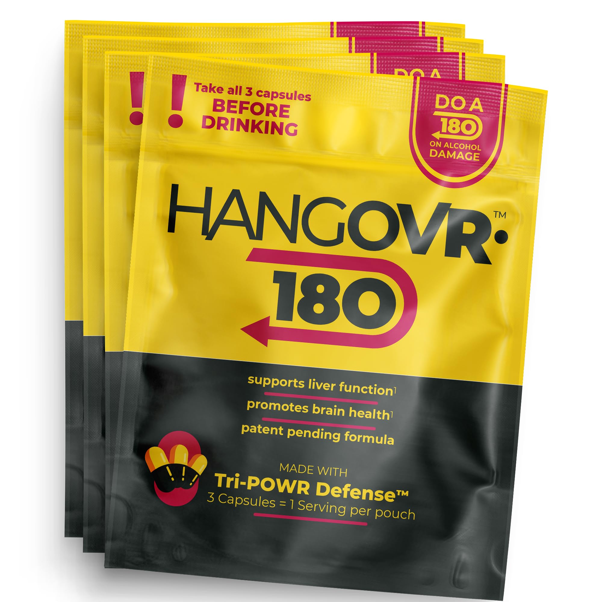 Hangovr 180 Tri-Power Before Drinking Defense 4 Pack - Support Liver & Brain Health, Feel Fresher & Better Energy - - Take Before Drinking for Relief, 3 Capsules per Pouch HANGOVR-180 Au supplements