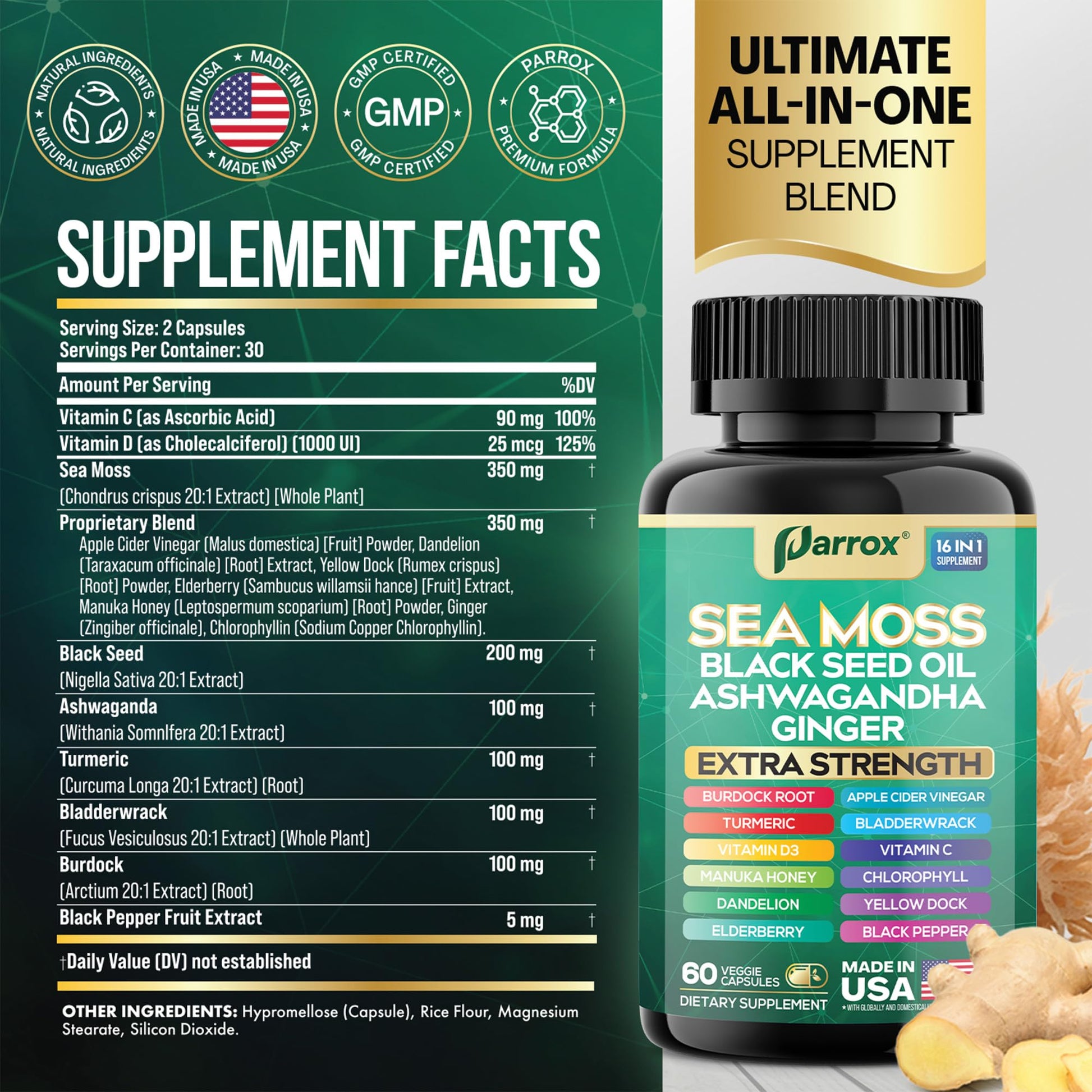 Parrox Sea Moss, Black Seed Oil, Ashwagandha, Turmeric, Chlorophyll, Dandelion, Ginger, Vitamin D3, Black Pepper, Elderberry, ACV, Yellow Dock, Burdock Root, Manuka, Vitamin C, Bladderwrack (60 Caps) Parrox Au supplements