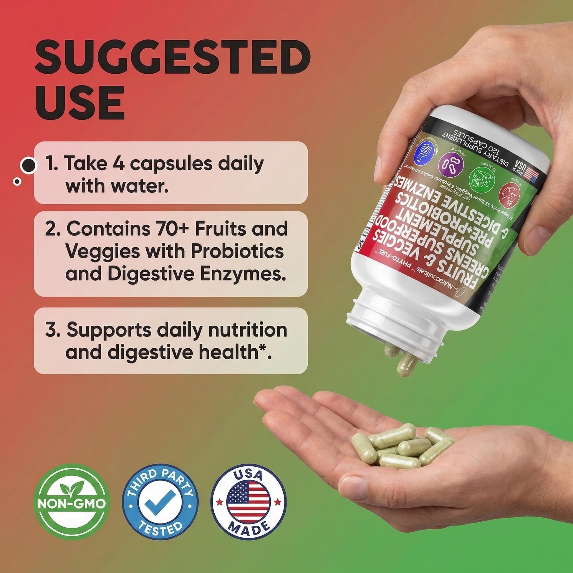 Clean Nutraceuticals Fruits and Veggies Supplement Reds & Green Superfood - Balance of Over 70 Fruit & Vegetable Supplements Capsules with Probiotics Prebiotics Digestive Enzymes - 120 Ct USA Clean Nutraceuticals Au supplements