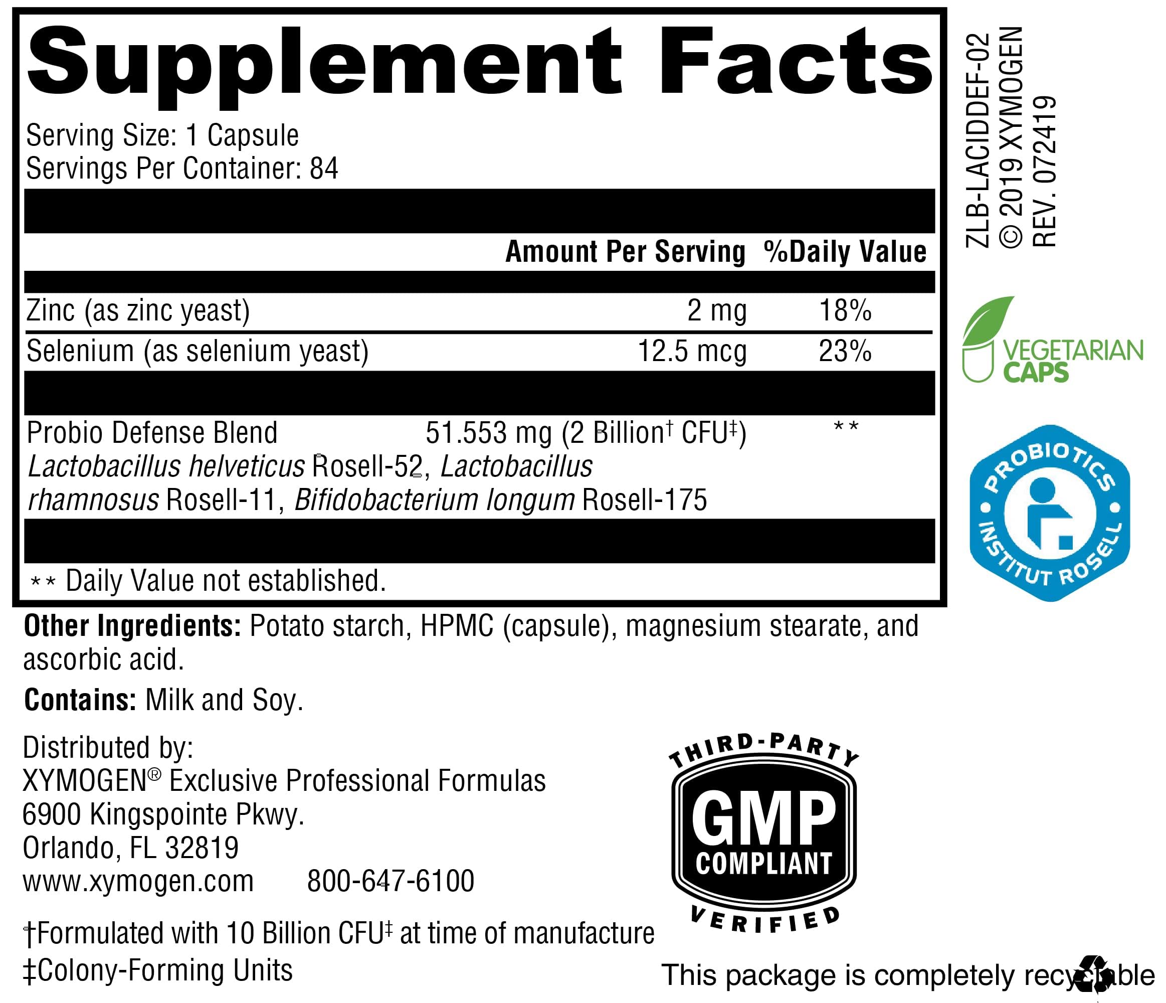 XYMOGEN Probio Defense - Daily Probiotic Blend for GI Balance Support - Immune & Gut Health Aid - 10 Billion CFU - Lactobacillus Rhamnosus, Zinc & Selenium - Gluten-Free & Non-GMO - 84 Capsules XYMOGEN Au supplements