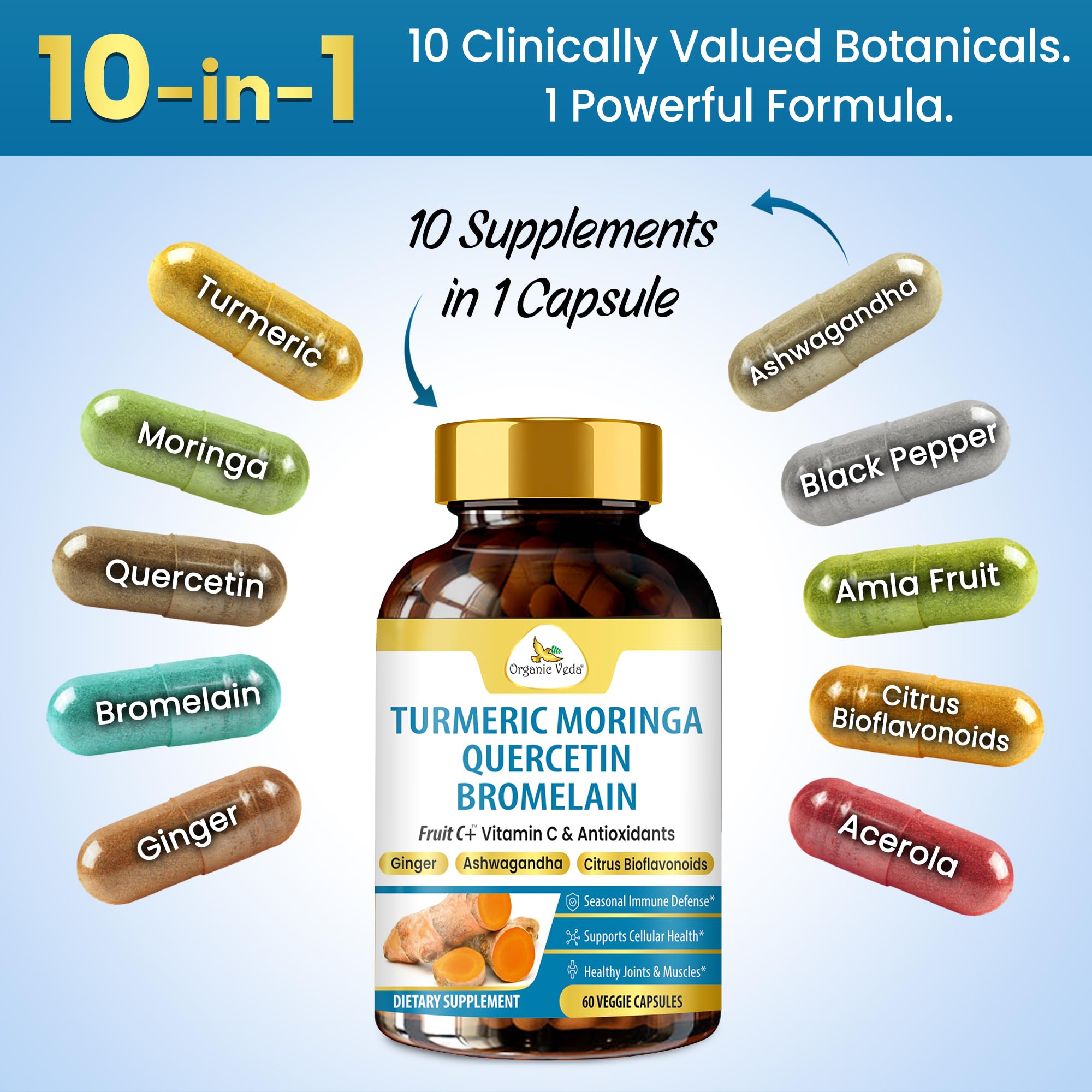 Organic Veda Turmeric Moringa Quercetin with Bromelain Capsules - Fruit C+ Vitamin C Antioxidants Immune System & Respiratory Supplement - Ashwagandha, Ginger, Citrus Bioflavonoids, 60 Vegan Capsule Organic Veda Au supplements