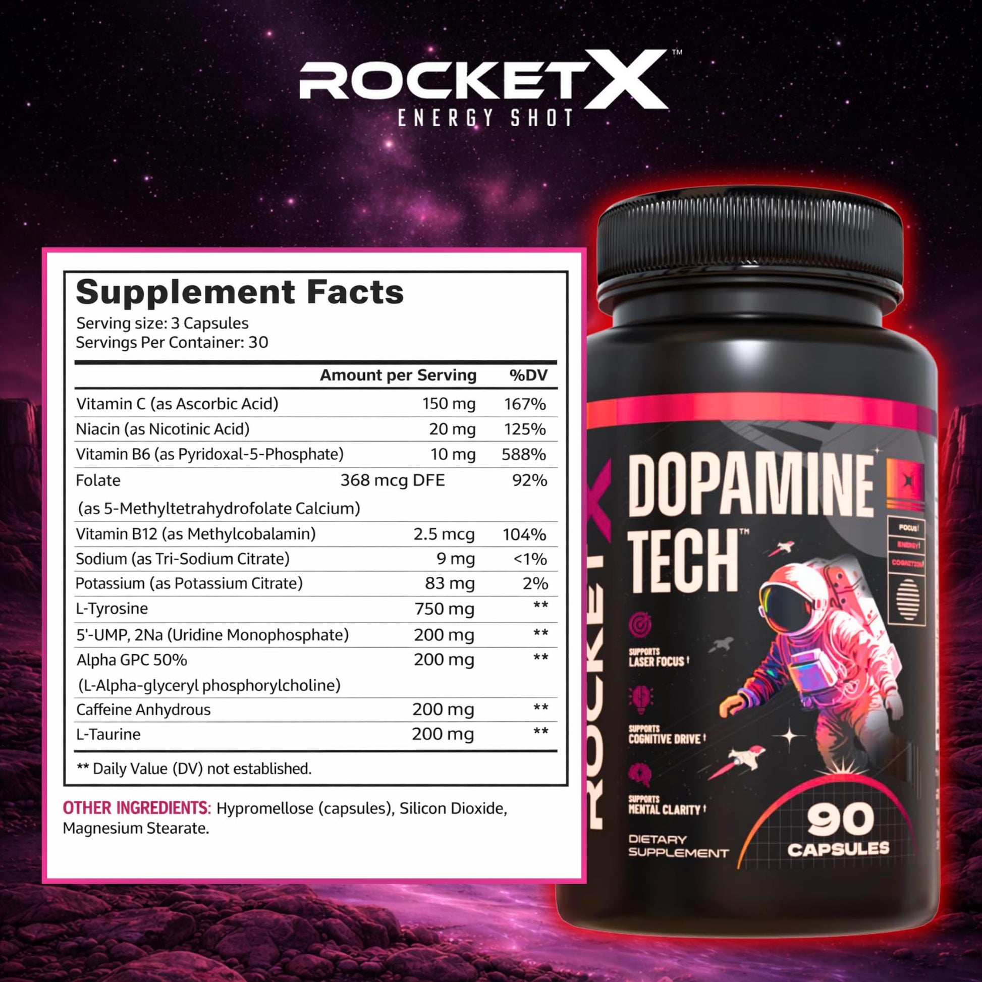 RocketX Dopamine Tech Brain Food Supplement, with L-Tyrosine and B Vitamins for Focus, Mental Clarity and Cognitive Drive, Vegan Capsules, 90 Capsules RocketX Energy Au supplements