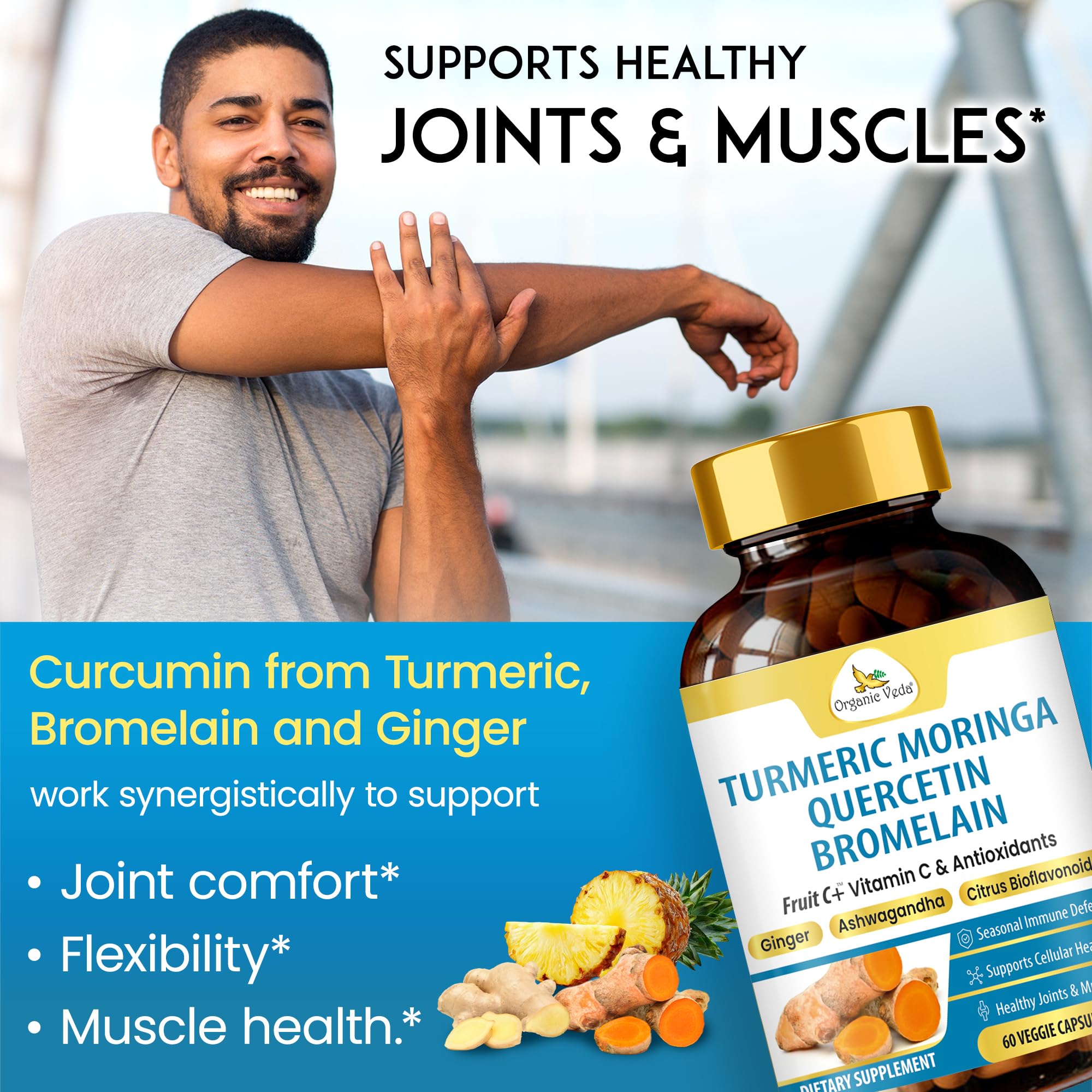 Organic Veda Turmeric Moringa Quercetin with Bromelain Capsules - Fruit C+ Vitamin C Antioxidants Immune System & Respiratory Supplement - Ashwagandha, Ginger, Citrus Bioflavonoids, 60 Vegan Capsule Organic Veda Au supplements