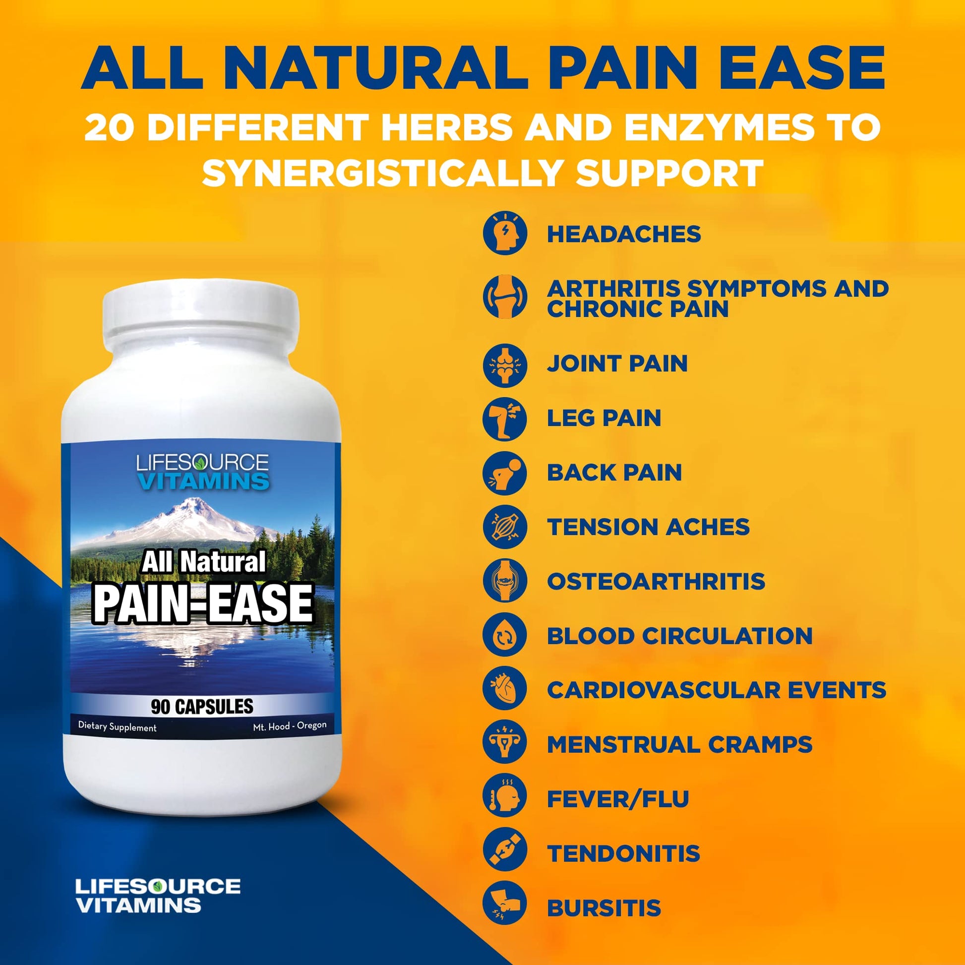 LifeSource Vitamins All Natural Pain Ease – 20 Synergistic Herbs and Enzymes That Naturally & Safely Support: Headaches & Migraines - Knees – Shoulders – Joints – Leg Pain – Tension LifeSource Vitamins Au supplements