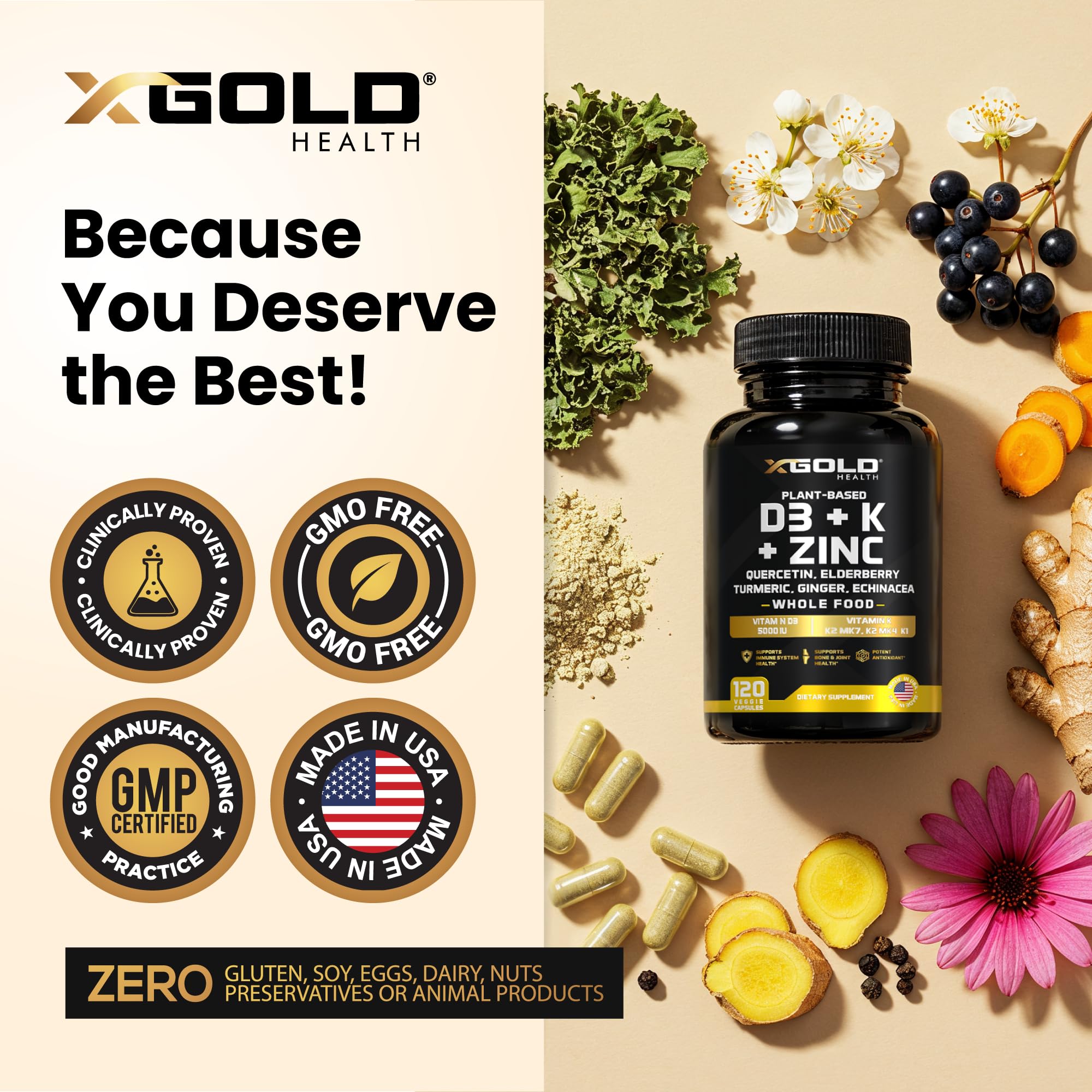 Vitamin D, K2, K1, Zinc, Quercetin, Elderberry, Turmeric, Ginger & Echinacea Whole Food Supplement 8 in 1- D3 5000 IU Plant-Based from Lichen, Vitamin K (K2 MK7, MK4, K1), D3 K2 Vitamins -120 Capsules X Gold Health Au supplements