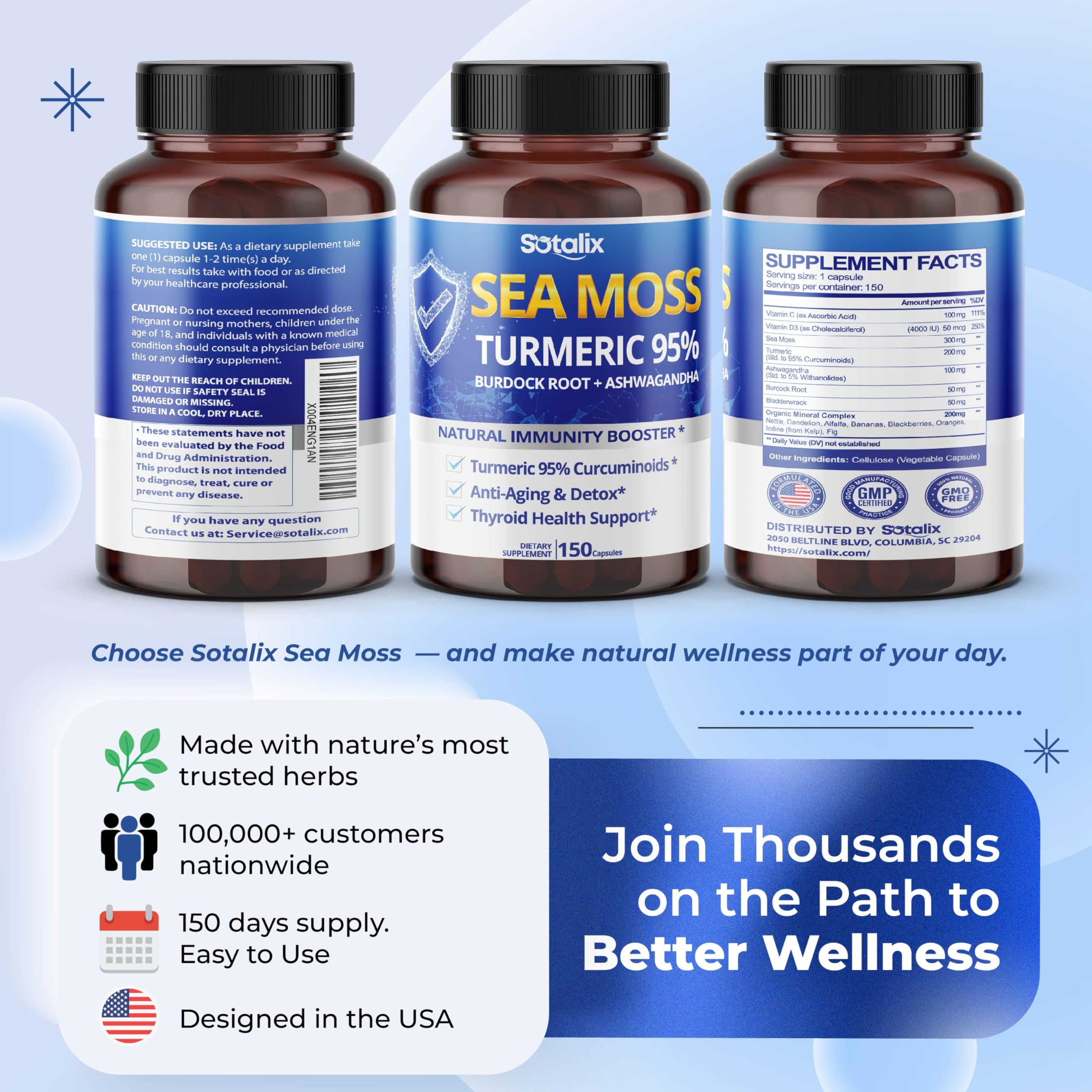 Sotalix Sea Moss Capsule with Ashwagandha, Burdock Root, Bladderwrack, Turmeric - Powerful Natural Immunity Booster (150 Count (Pack of 1)) SOTALIX SUPPLEMENT Au supplements