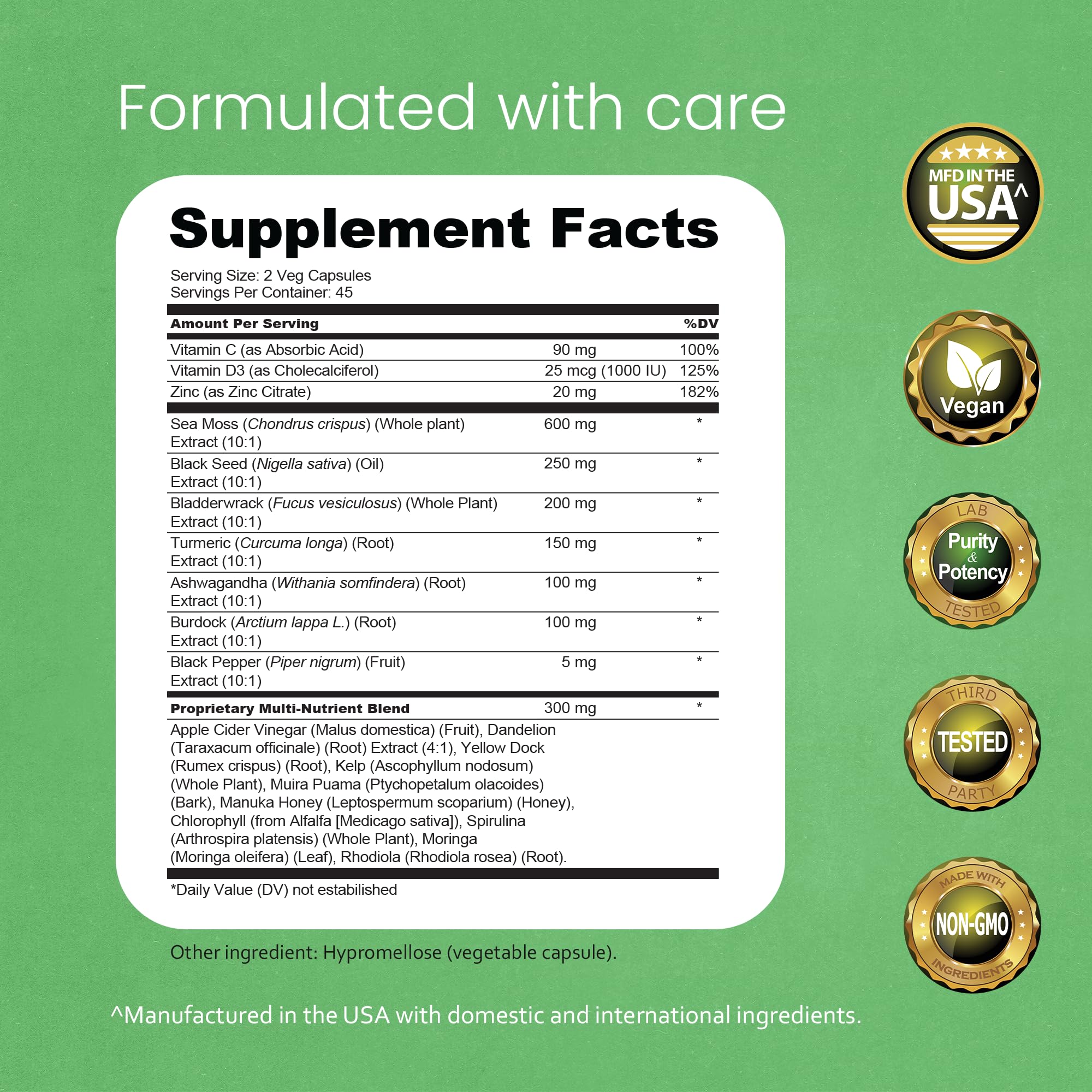Sea Moss, Black Seed Oil, Bladderwrack, Turmeric, Ashwagandha, Burdock, Vitamin C, D3, Yellow Dock Root, Manuka, Dandelion - 90 Veggie caps NaturaLife Labs Au supplements